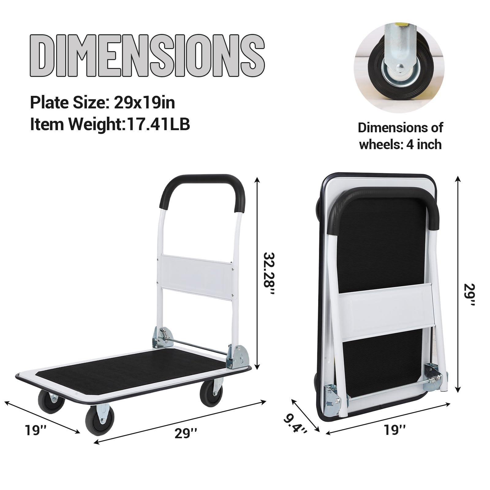 Garvee Platform Truck Cart 330 LBS Load Capacity, Foldable Steel Hand Push Dolly with 4" Rubber Wheels, Heavy Duty Flatbed Hand Cart 29" x 19" for Loading and Moving, Home Office Warehouse