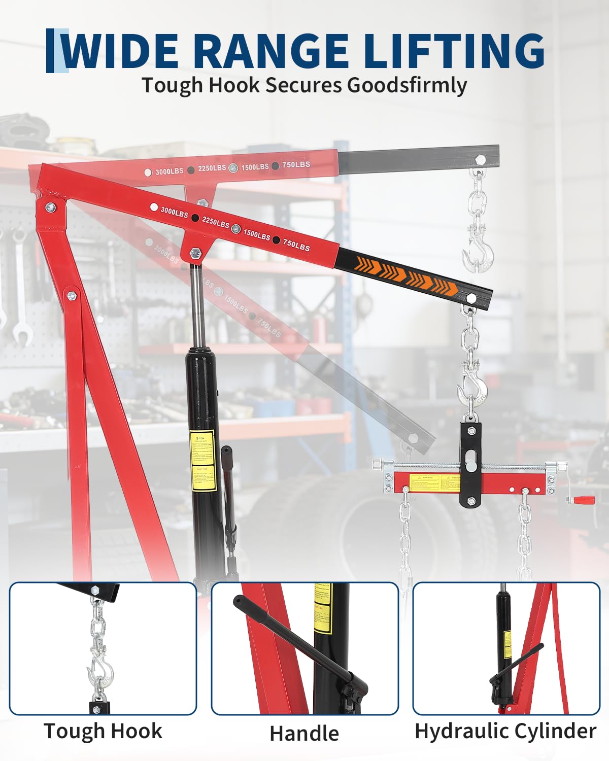 Garvee Portable Hydraulic Engine Hoist, 1.5 Ton (3000 LBS) Capacity Shop Crane with Telescopic Boom & 4 Swivel Casters, Cherry Picker Lift for Home Garage, Auto Repair, and Warehouse Use, Heavy-Duty, Red