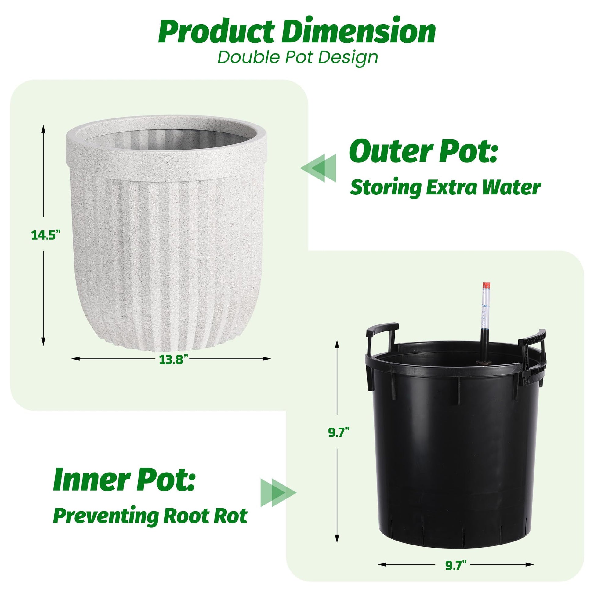 Garvee 14.5 Inch Tall Planters Set of 2 Flower Pots with a Water Level Monitor, Self Watering Insert and Hidden Wheels, Ideal for Living Room, Bedroom Office, Patio, Porch, Garden, White