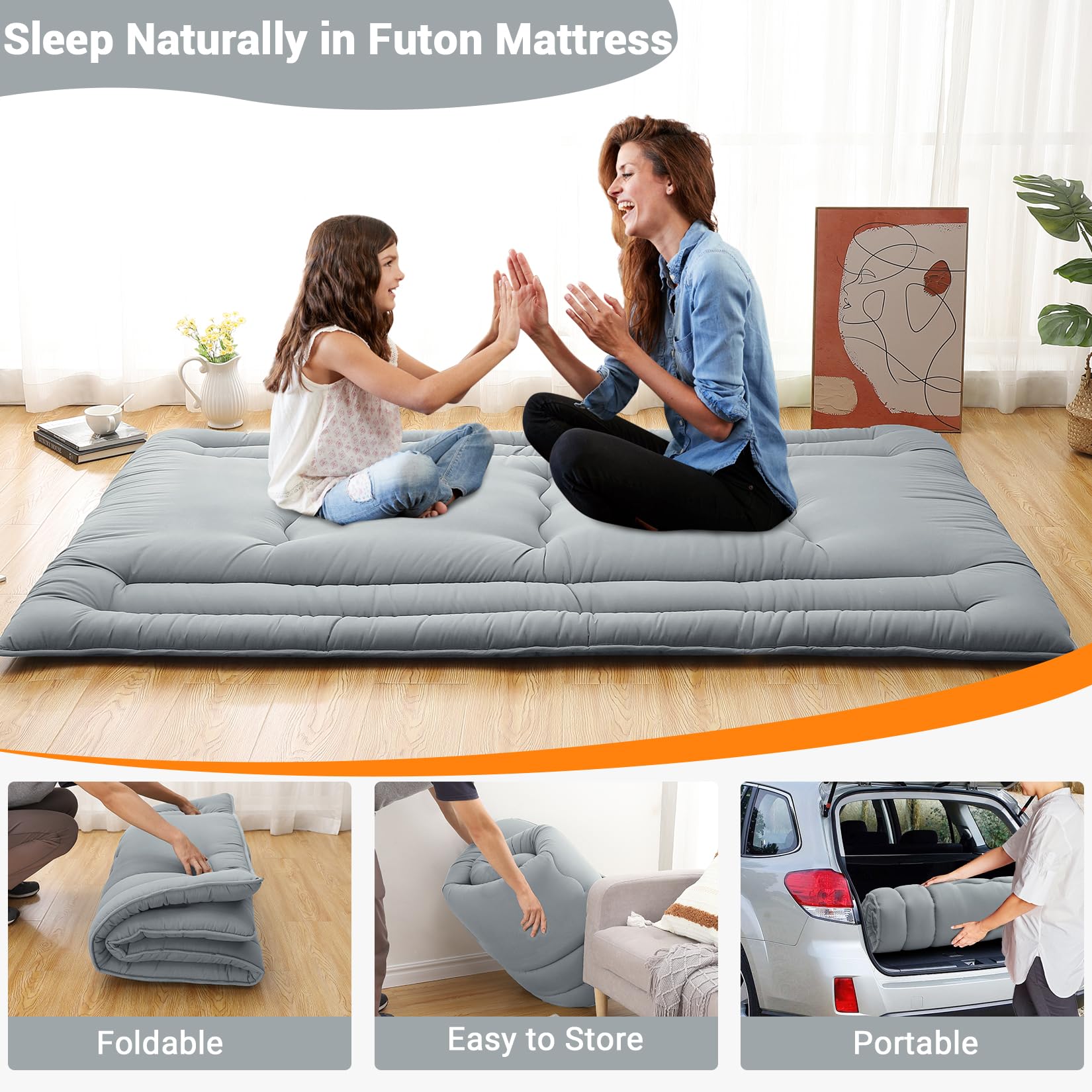 Garvee Futon Mattress Twin Size, Japanese Floor Mattress Foldable Tatami Mat, Roll Up Floor Bed Mattress Kids Floor Play Mat, Japanese Floor Bed for Dorm House Guest, Light Grey