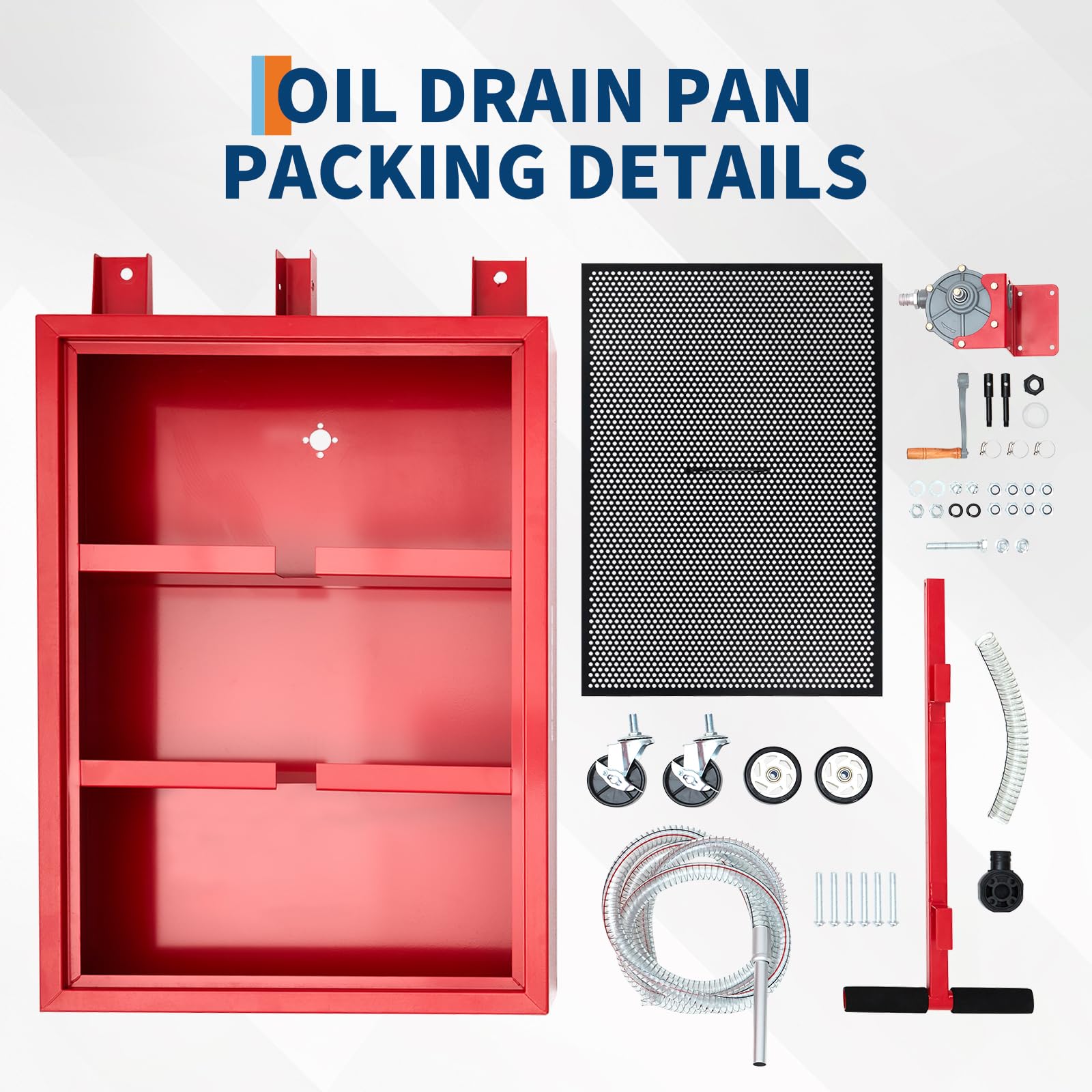 Garvee 15 Gallon Oil Drain Pan, 57L Low Profile Tank with 8FT Hose, Pump, Swivel Casters, Foldable Handle, for Car, SUV, Truck Oil Change, Red