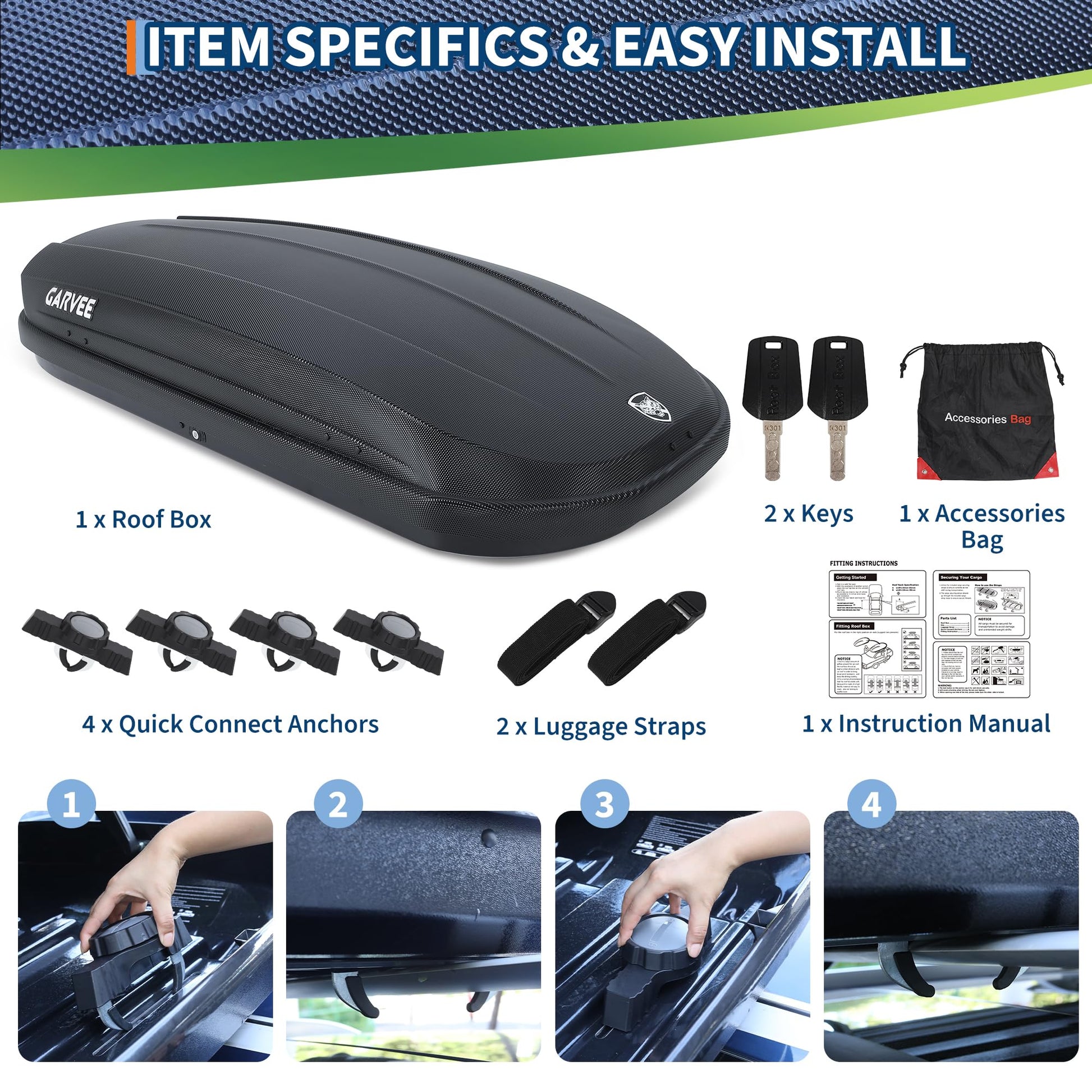 Garvee Rooftop Cargo Box Carrier, Dual-Side Opening Hard-Shell Roof Mount with 12 Cubic Feet Storage, 165 lbs Capacity, Secure Straps & Keys for Travel, Black