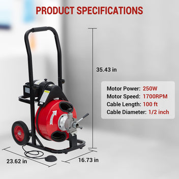 Garvee Auto Feed 100 FT x 1/2 Inch Drain Cleaner Machine with 250W Motor, Portable Sewer Snake Auger with 8 Cutters & Air-activated Foot Switch, Fits 1" to 4" Pipes, Black & Red