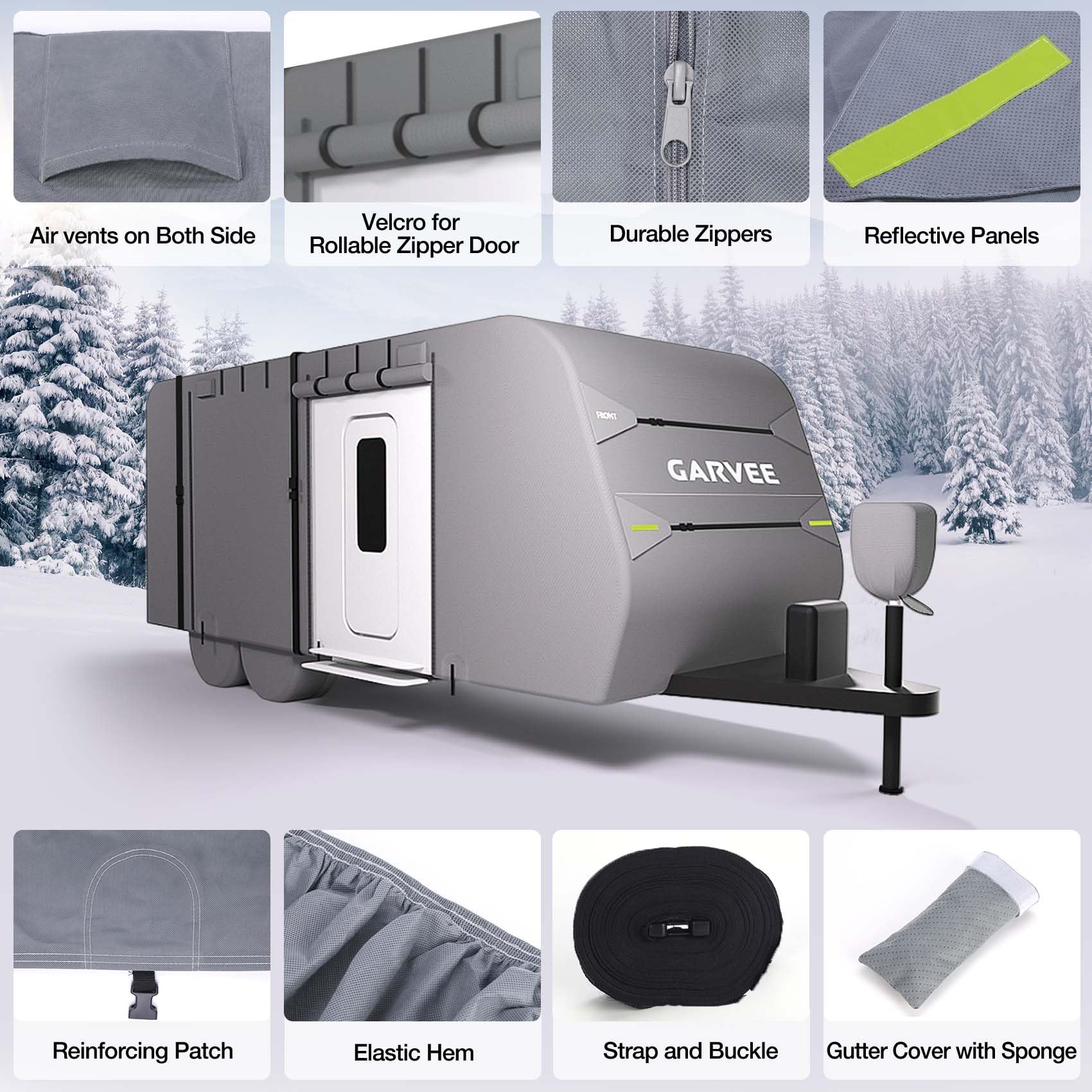 Garvee RV Cover, 27-30FT Travel Trailer Cover, Anti-UV and Waterproof with Windproof Straps, Tire Covers, Gutter & Tongue Jack Covers, and Adhesive Repair Patches for Motorhomes