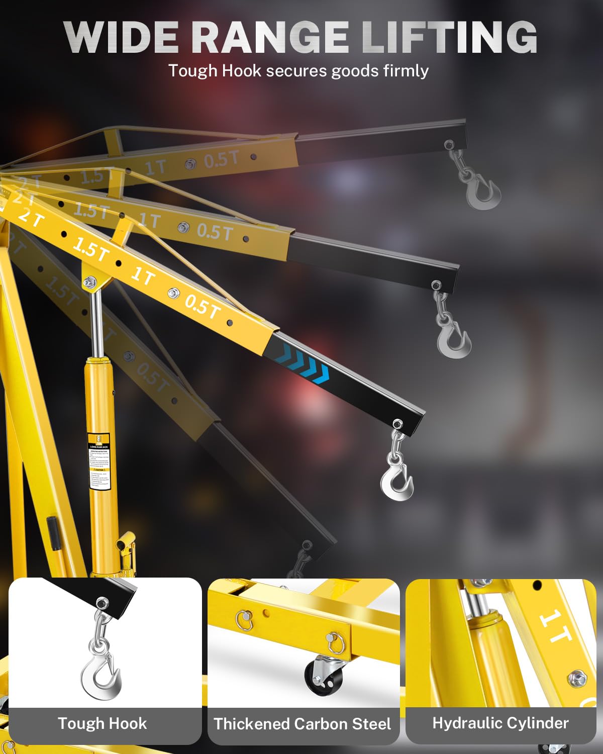 Garvee 2-Ton Hydraulic Engine Hoist Crane, 4400 lbs Folding Heavy-Duty Cherry Picker with Lever, 6 Locking Wheels, and 4 Boom Positions for Truck/SUV Engines, Garage, Workshop, and Industrial Lifting, Yellow