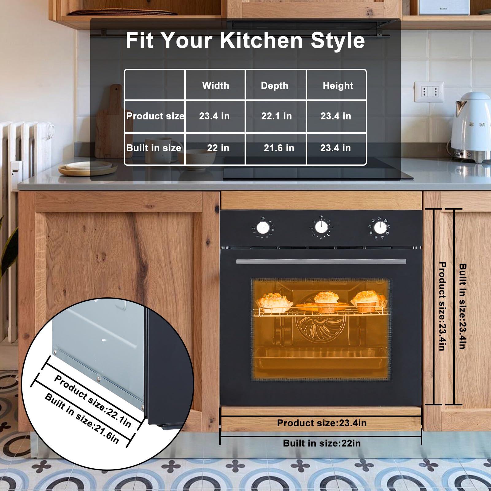 Garvee 24 Inch 70L Single Wall Oven with 5 Modes, 3000W Built-In Wall Oven with 25 Cu.Ft. Capacity, Mechanical Knobs