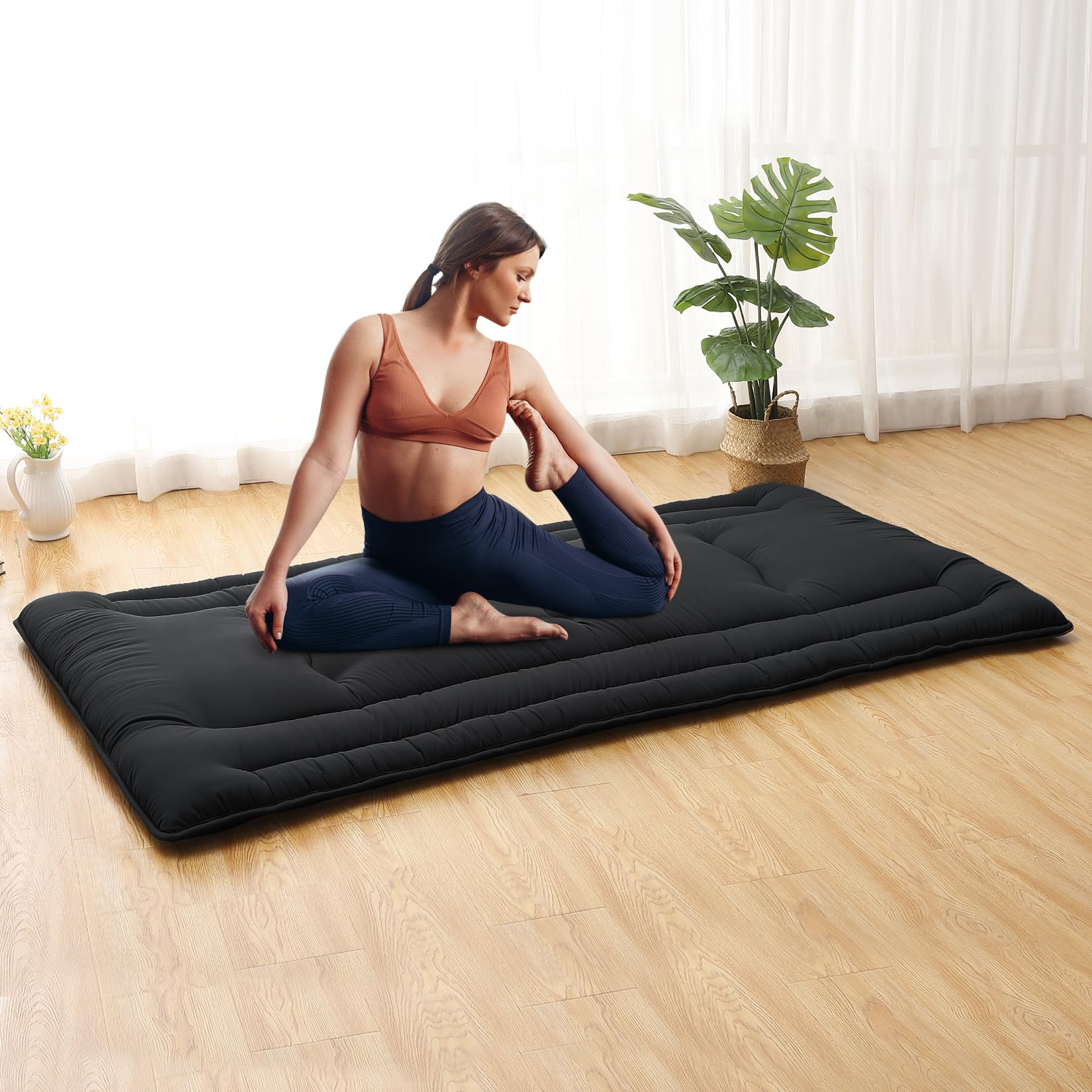 Garvee Futon Mattress Twin Size, Japanese Floor Mattress Foldable Sleeping Mattress, Roll Up Floor Bed Mattress for Easy Storage, Tatami Mat Japanese Floor Bed for Dorm Camping, Black