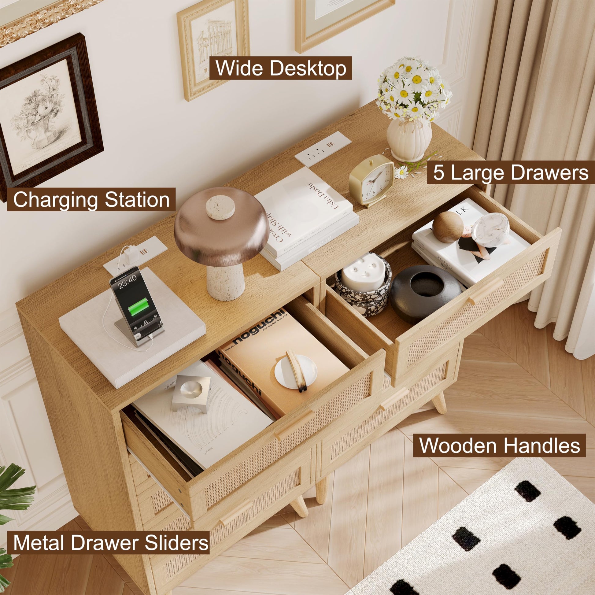 Garvee 5 Drawer Dresser for Bedroom, Rattan Chest of Drawers with Deep Drawers, Large Modern Double Dresser for Closet with Wide Top, Horizontal Wooden Dresser for Living Room, Hallway, Kids Room, Natural