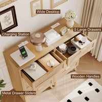 Garvee 5 Drawer Dresser for Bedroom, Rattan Chest of Drawers with Deep Drawers, Large Modern Double Dresser for Closet with Wide Top, Horizontal Wooden Dresser for Living Room, Hallway, Kids Room, Natural