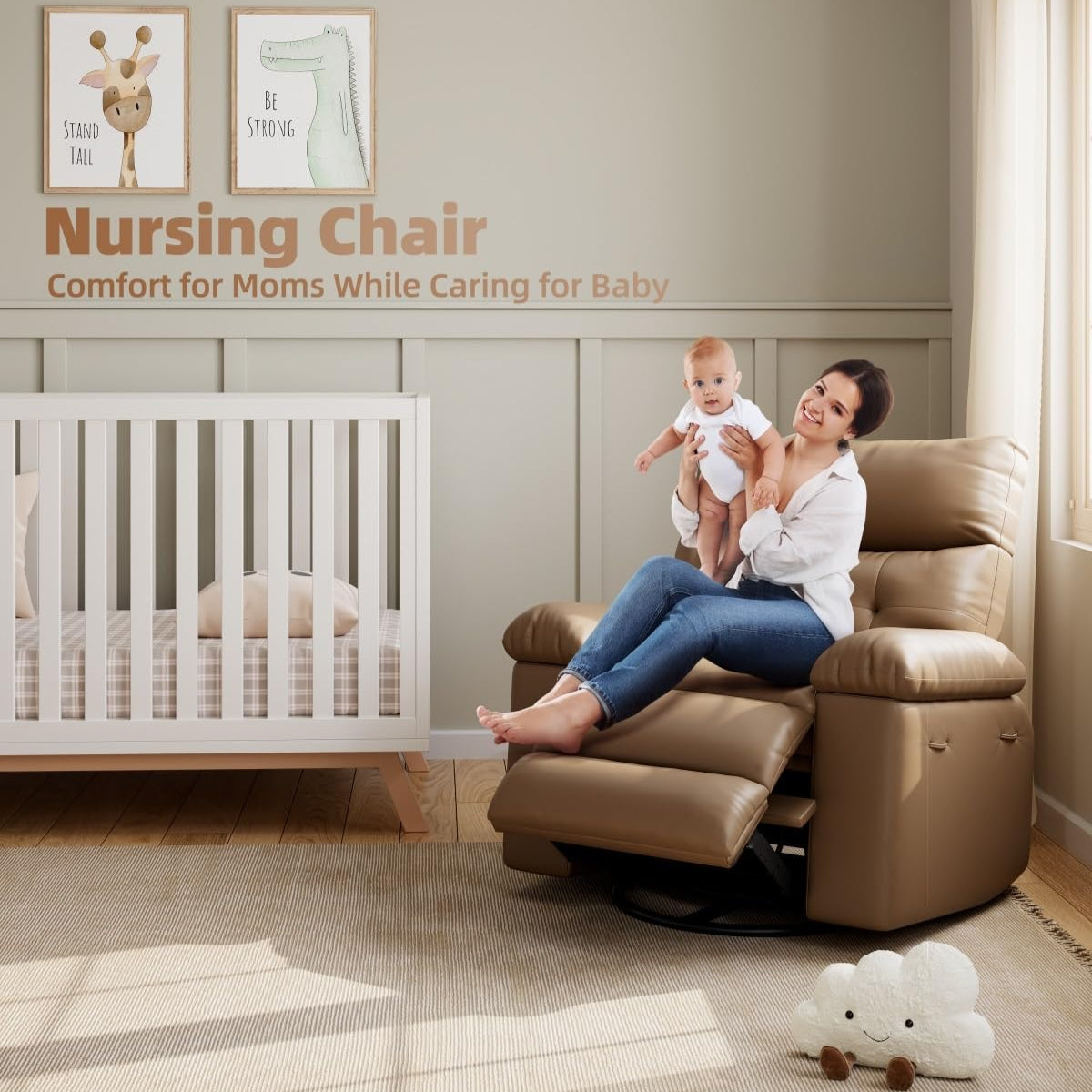 Nursing chair with beige leather upholstery, plush cushioning, and a footrest, designed for comfort and caregiving.