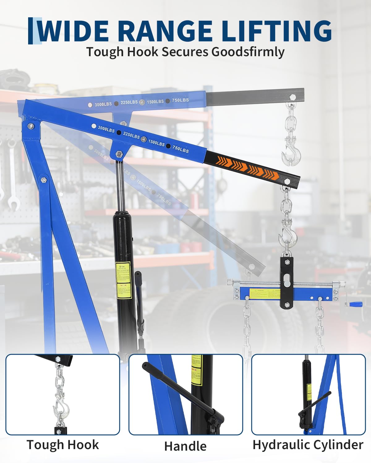 Garvee Portable Hydraulic Engine Hoist, 1.5 Ton (3000 LBS) Capacity Shop Crane with Telescopic Boom & 4 Swivel Casters, Cherry Picker Lift for Home Garage, Auto Repair, and Warehouse Use, Heavy-Duty, Blue