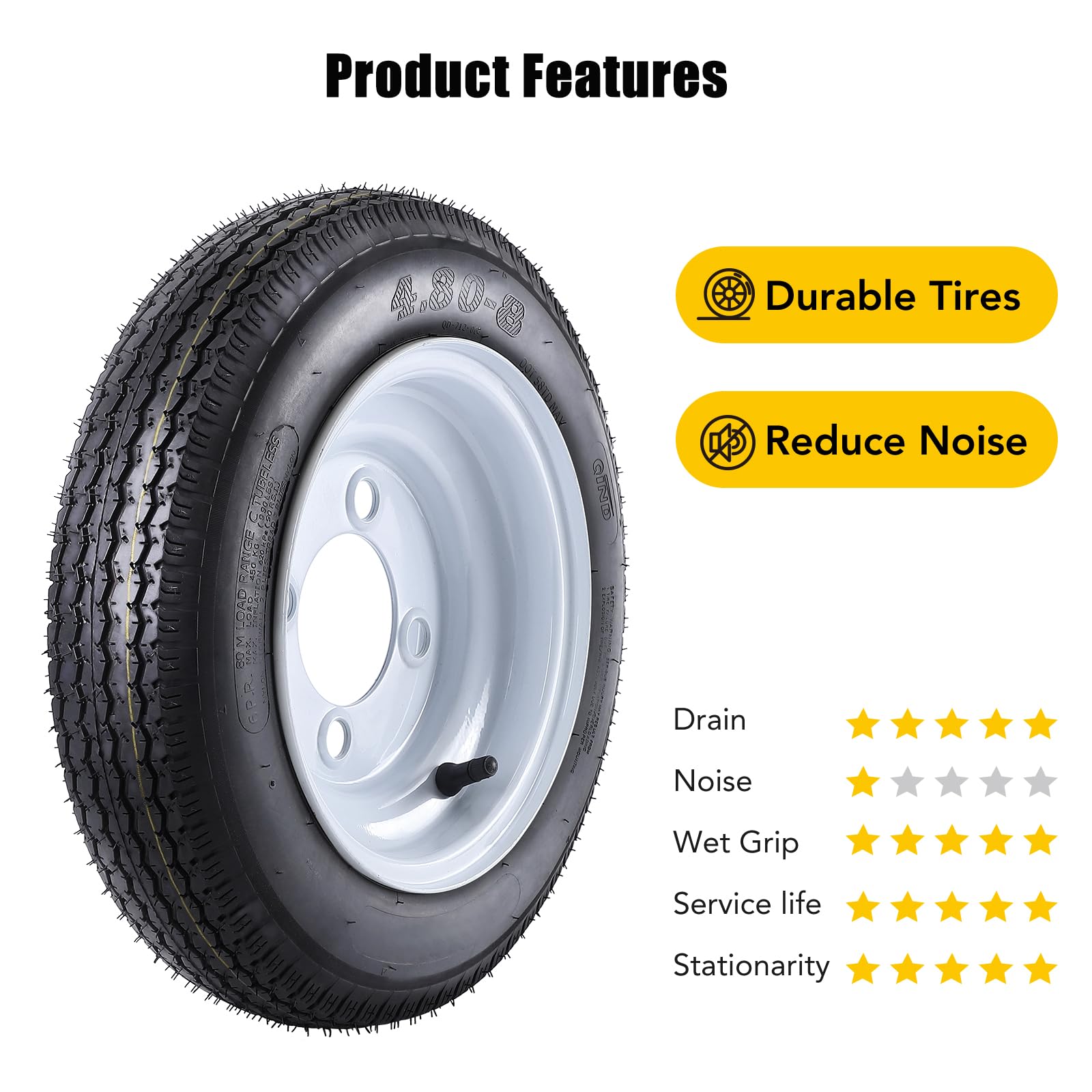 Garvee 4.80-8 Trailer Tires, 2 Pack, Load Range C 6PLY, 8"x3.75" Rims 4 Lug on 4", Max Load 745 LBS @ 90 PSI, Durable All-Purpose Design for Utility, Cargo & Boat Trailers