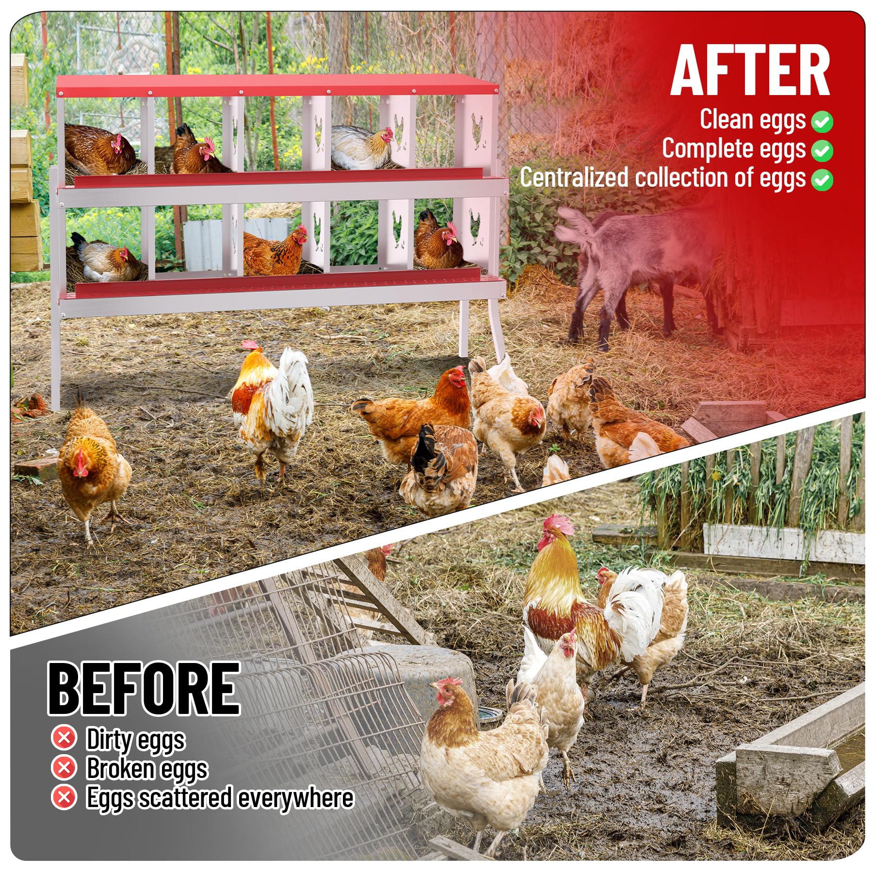 Garvee Nesting Boxes for Chickens, 10 Compartment Chicken Nesting Box with Elevated Metal Legs, Metal Chicken Laying Boxes with Perch, Secure Lid, Versatile Wall Mount or Free Standing for Hens, red