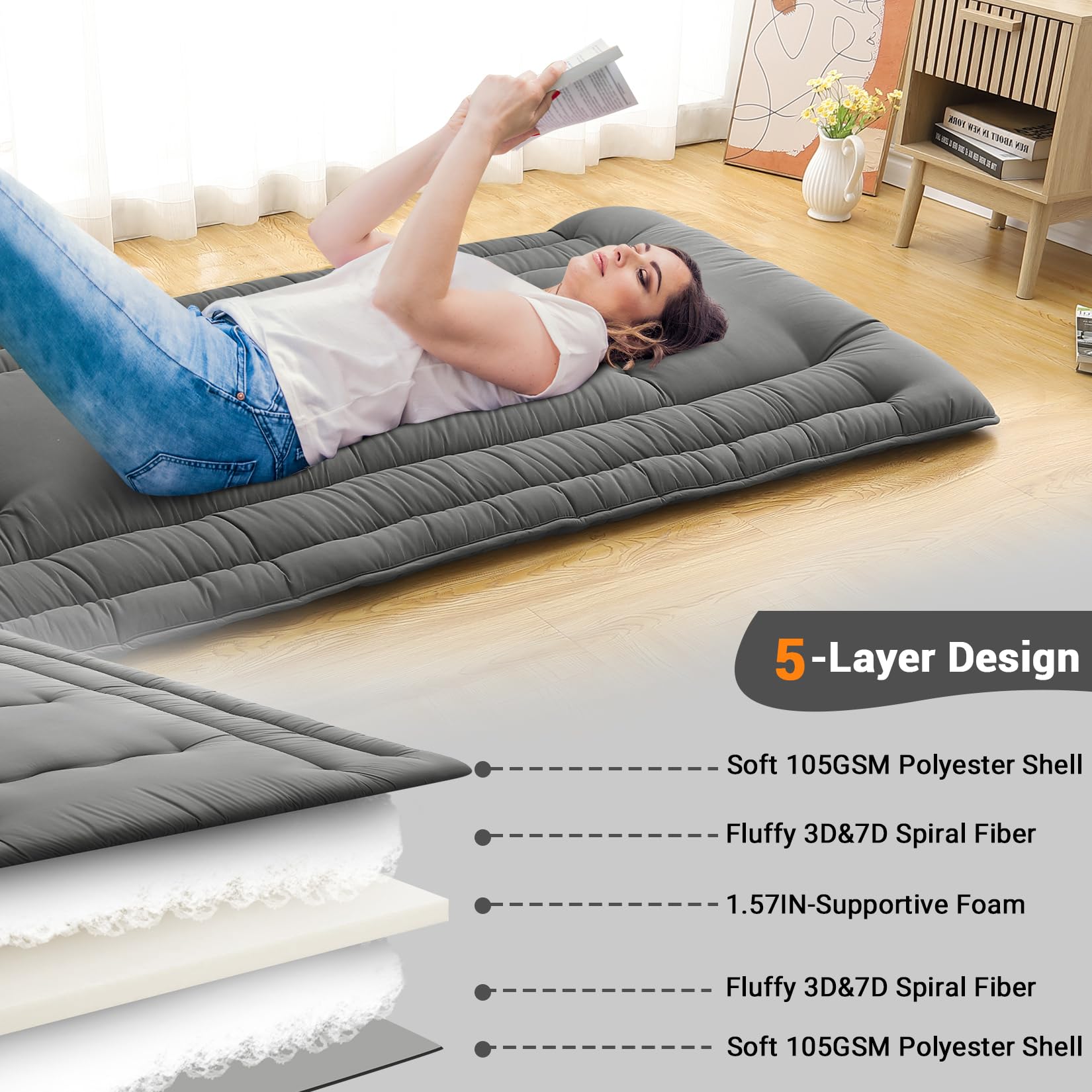 Garvee Futon Mattress Twin Size, Japanese Floor Mattress Foldable Tatami Mat, Roll Up Floor Bed Mattress Kids Floor Play Mat, Japanese Floor Bed for Dorm House Guest, Dark Grey