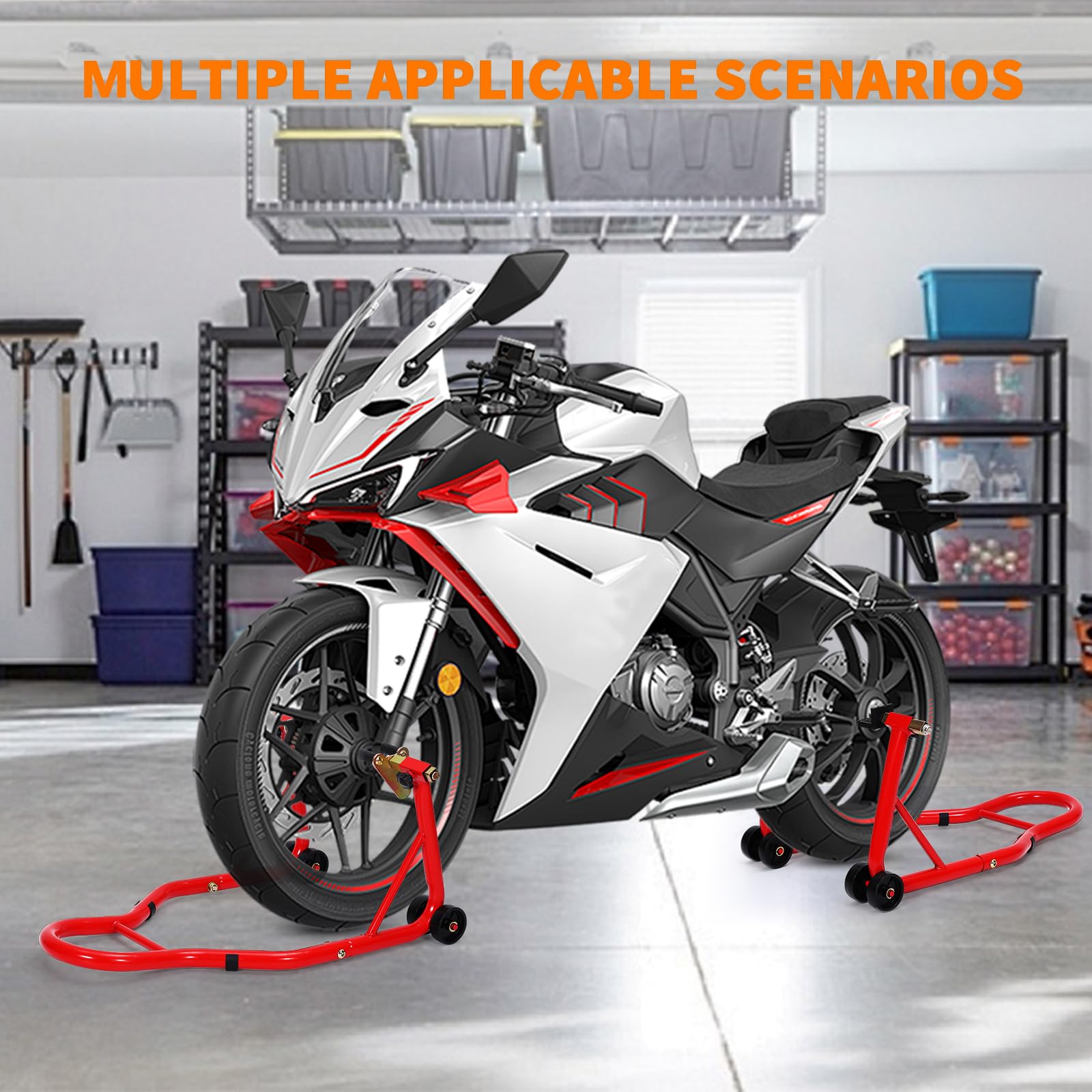 Garvee Heavy Duty Motorcycle Stand Lift 900 lbs Capacity Adjustable Steel Frame Front & Rear Combo Universal Fit for Repairs Maintenance Storage