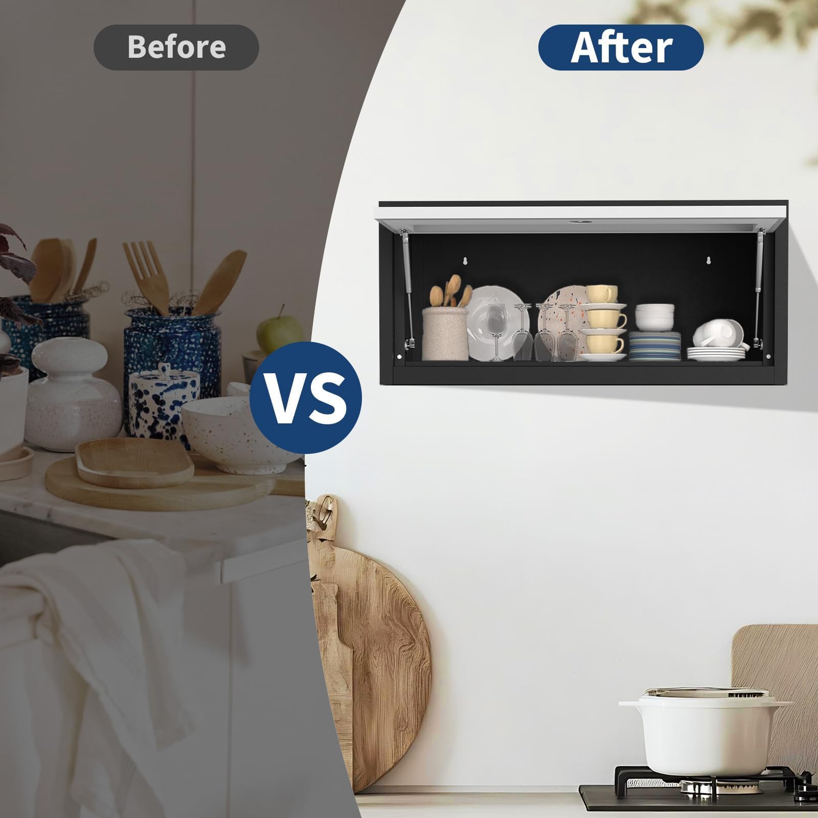 Garvee Heavy-Duty 30" Metal Wall Cabinet with Lock - Hydraulic Flip-Up Door, 33 lbs CapacitWall-Mounted Tool Storage Organizer for Garage, Kitchen, Office, and Workshop, Black Grey