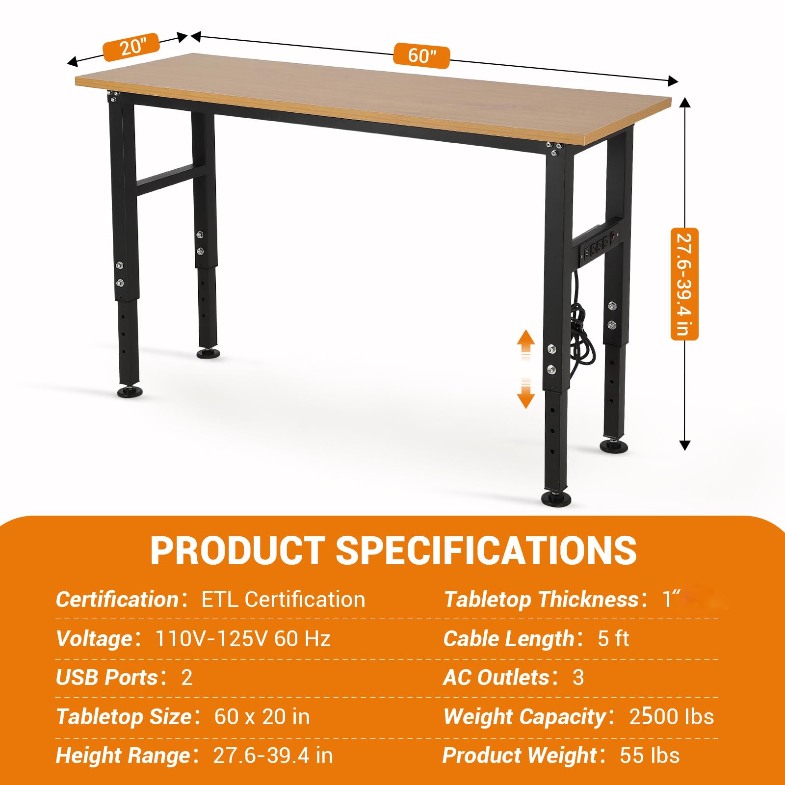 Garvee 60" x 20" Adjustable Workbench with Power Outlet - Heavy-Duty Work Bench with Foot Pads, 2500 lbs Load Capacity for Garage and Workshop