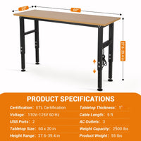 Garvee 60" x 20" Adjustable Workbench with Power Outlet - Heavy-Duty Work Bench with Foot Pads, 2500 lbs Load Capacity for Garage and Workshop