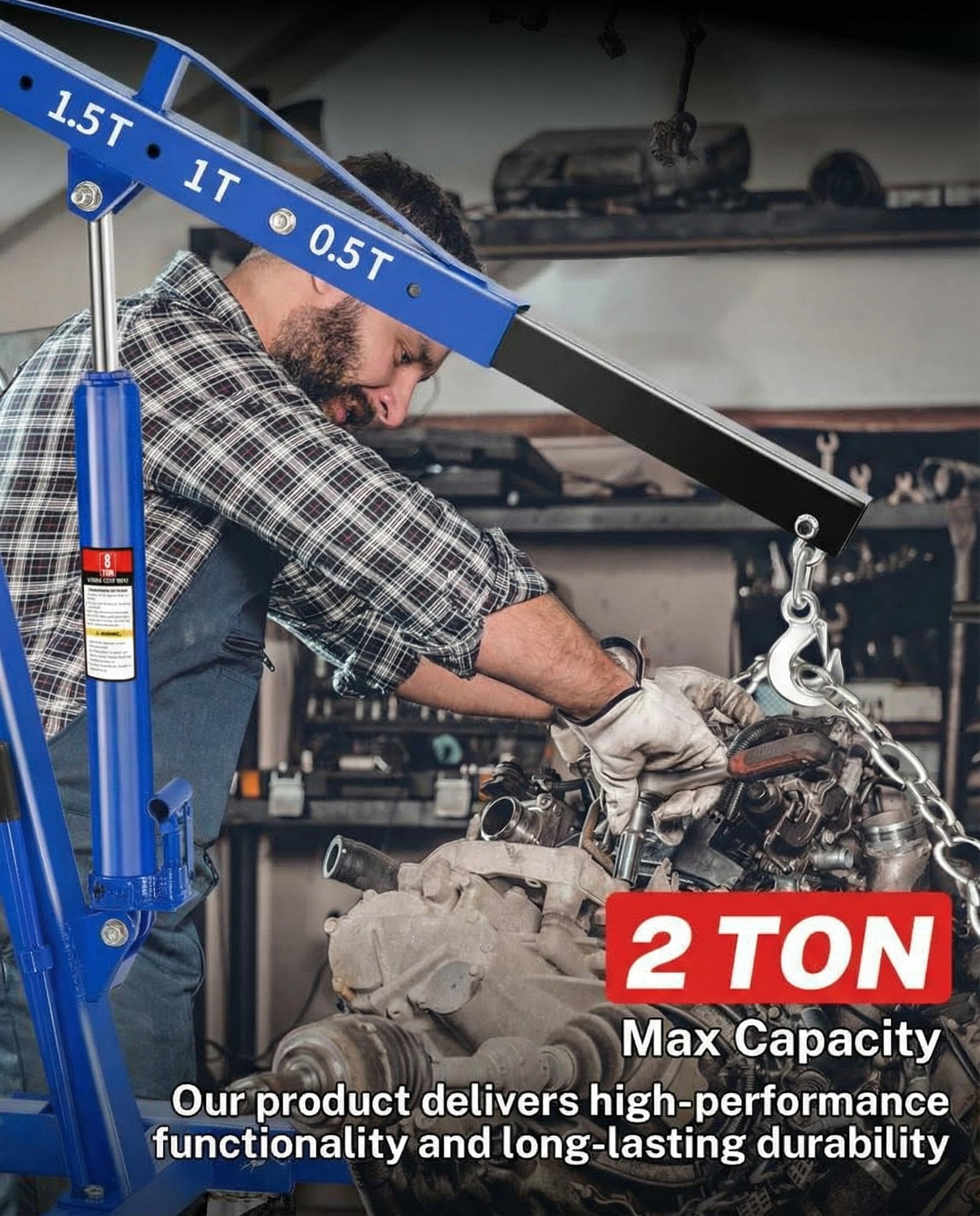 Garvee 2 Ton Engine Hoist Cherry Picker - 4400 lbs Capacity, Foldable Steel Frame, Heavy-Duty Hydraulic Crane with 6 Casters for Truck Engines and Farm Use, Blue