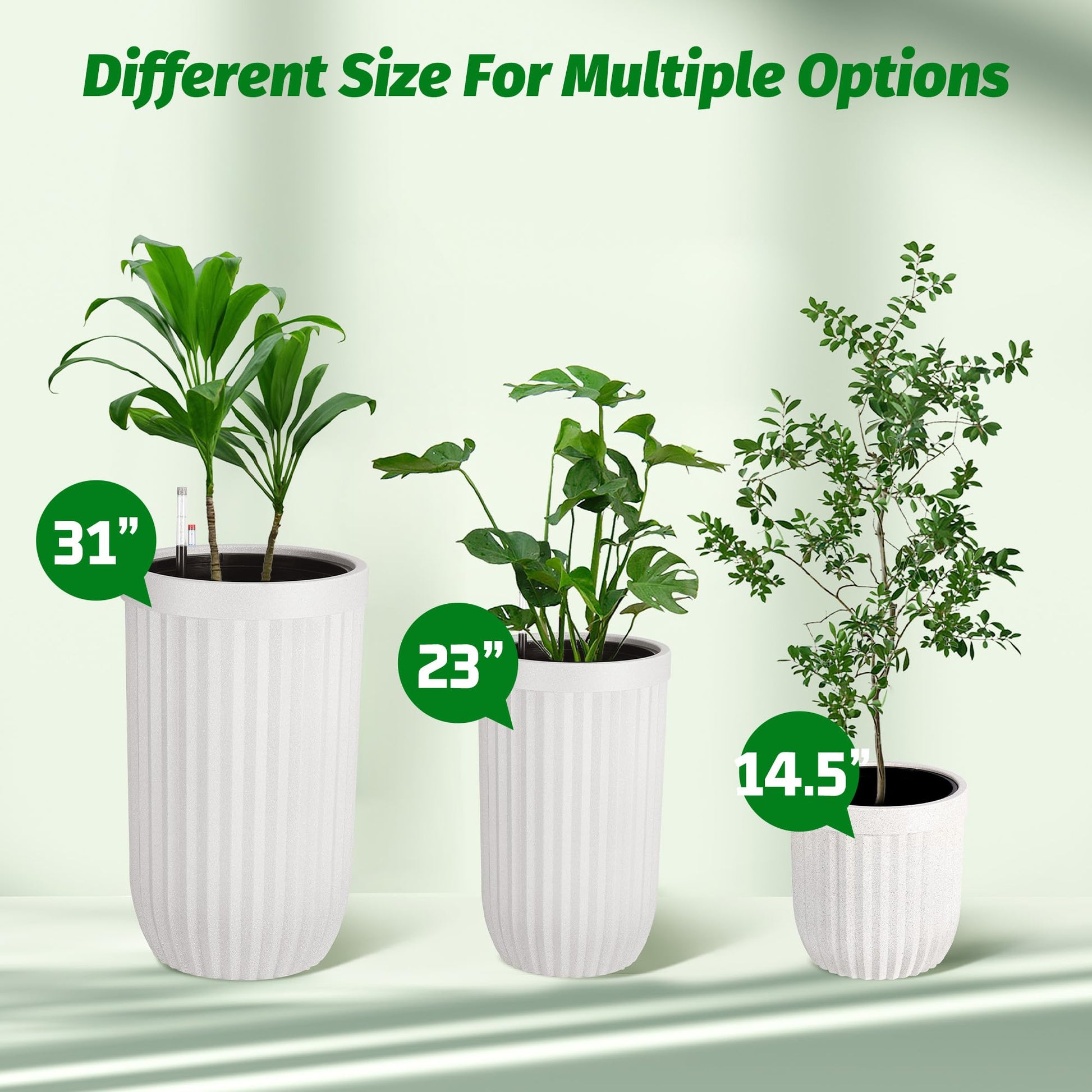 Garvee 23 Inch Tall Planters Set of 2, Self Watering Pots with a Water Level Monitor and Hidden Wheels, Ideal for Living Room, Bedroom, Office, Patio, Porch, Garden, Commercial Places, White