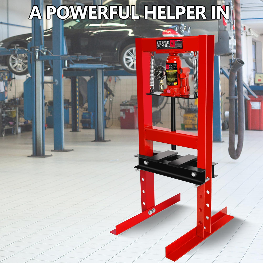 Garvee 6 Ton Shop Press with Pressure Gauge, Adjustable H-Frame Hydraulic Garage Floor Press with Stamping Plates for Bending, Straightening, Pressing Parts, and Installing Bearings & U-Joints, Red