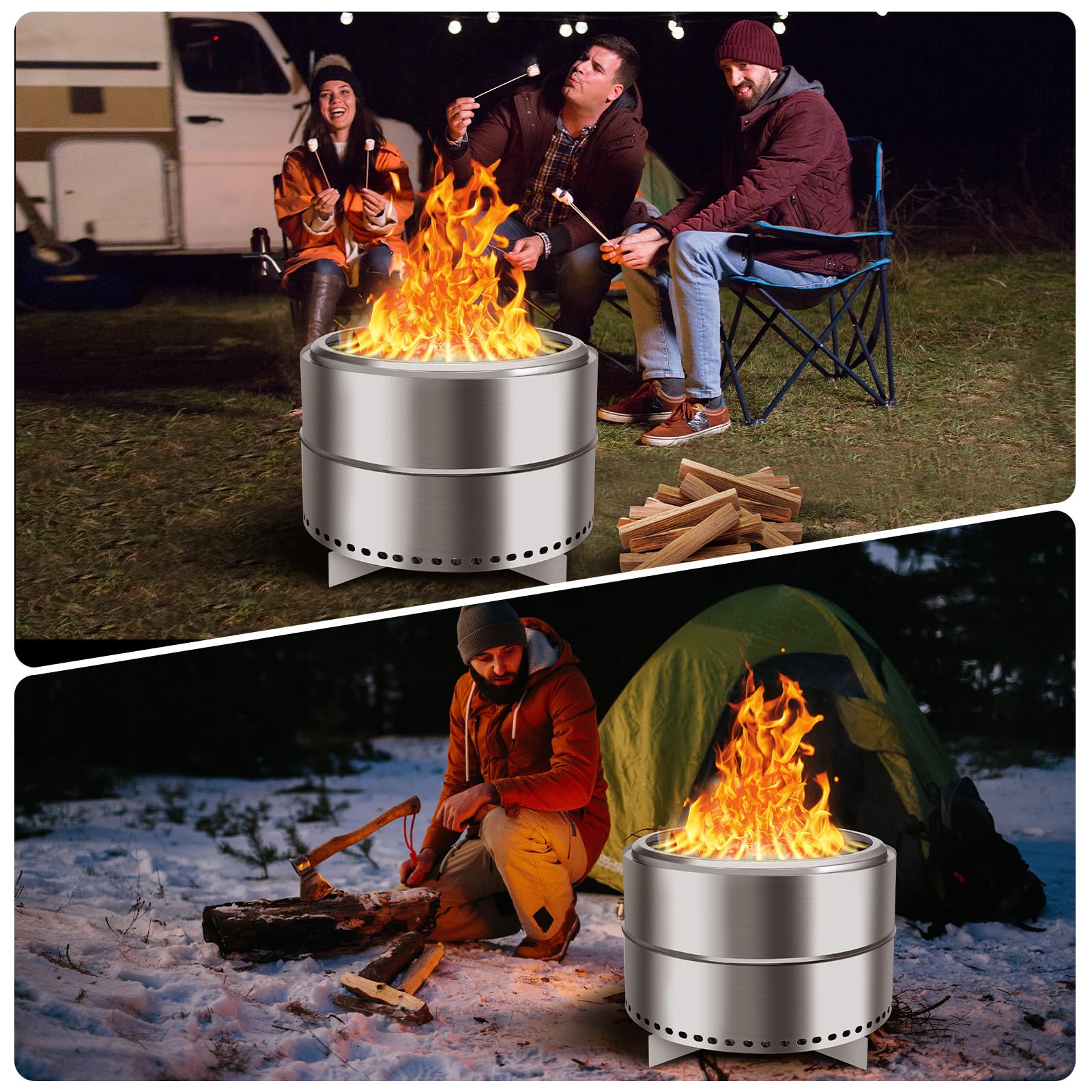 Garvee 27" Portable Smokeless Firepit with Stand - Stainless Steel Wood Burning Bonfire Fire Pit for Camping & Picnic, Large with Carry Bag & Split Structure