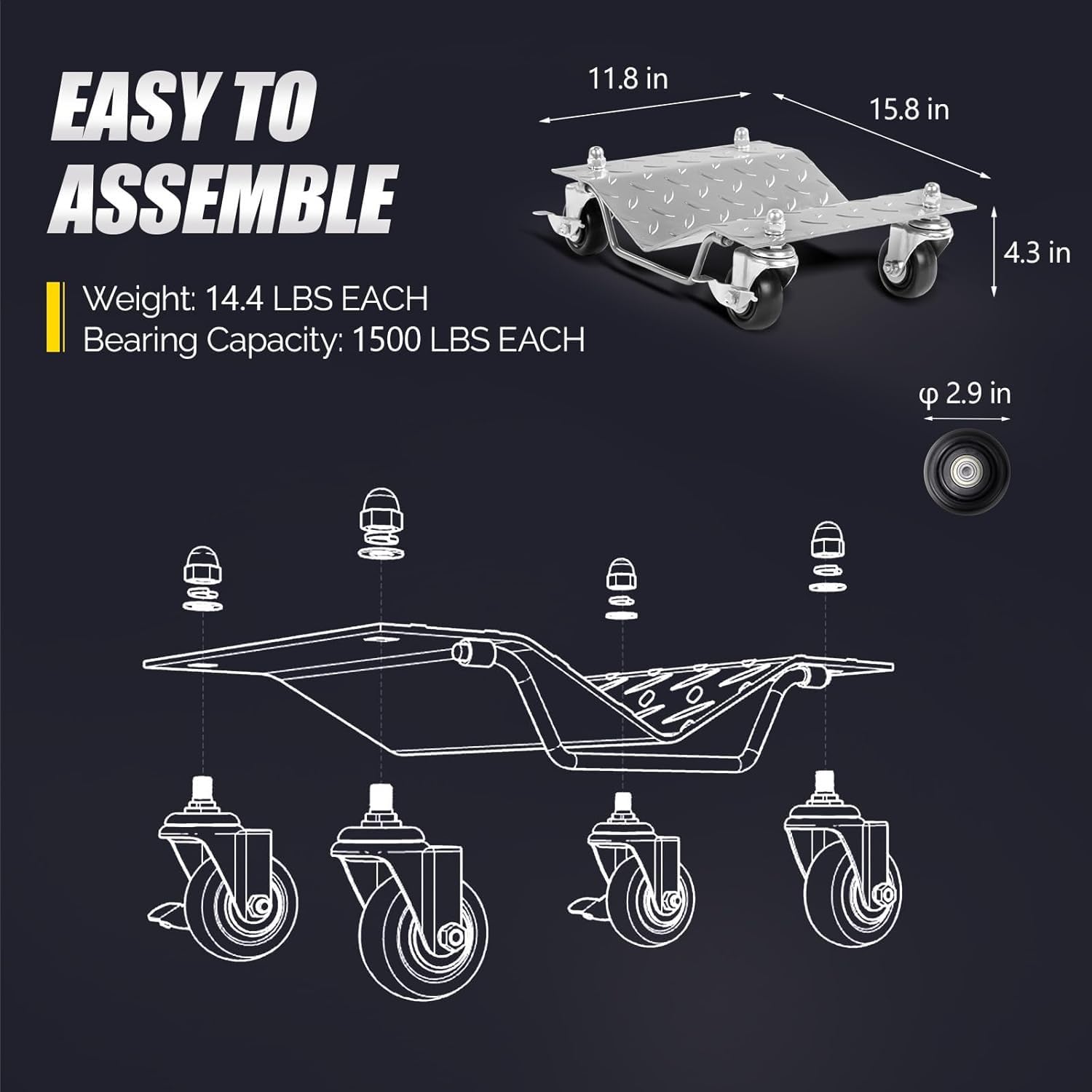 Garvee 4 Items 4 Tire Wheel Dolly Car, Premium Manganese Steel, 6000 Lbs Capacity, Heavy Duty, Antiskid & Recessed Design, 360° Rotatable Wheels, Silver