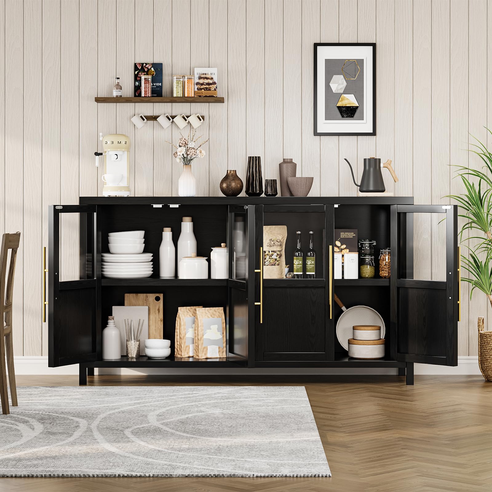 Garvee Sideboard Buffet Cabinet with 4 Glass Doors, 55" Large Buffet Cabinet with Storage, Modern Farmhouse Storage Cabinet Table for Kitchen Dining Room, Living Room, Black