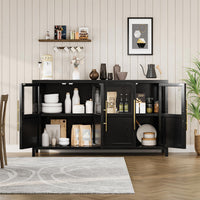 Garvee Sideboard Buffet Cabinet with 4 Glass Doors, 55" Large Buffet Cabinet with Storage, Modern Farmhouse Storage Cabinet Table for Kitchen Dining Room, Living Room, Black