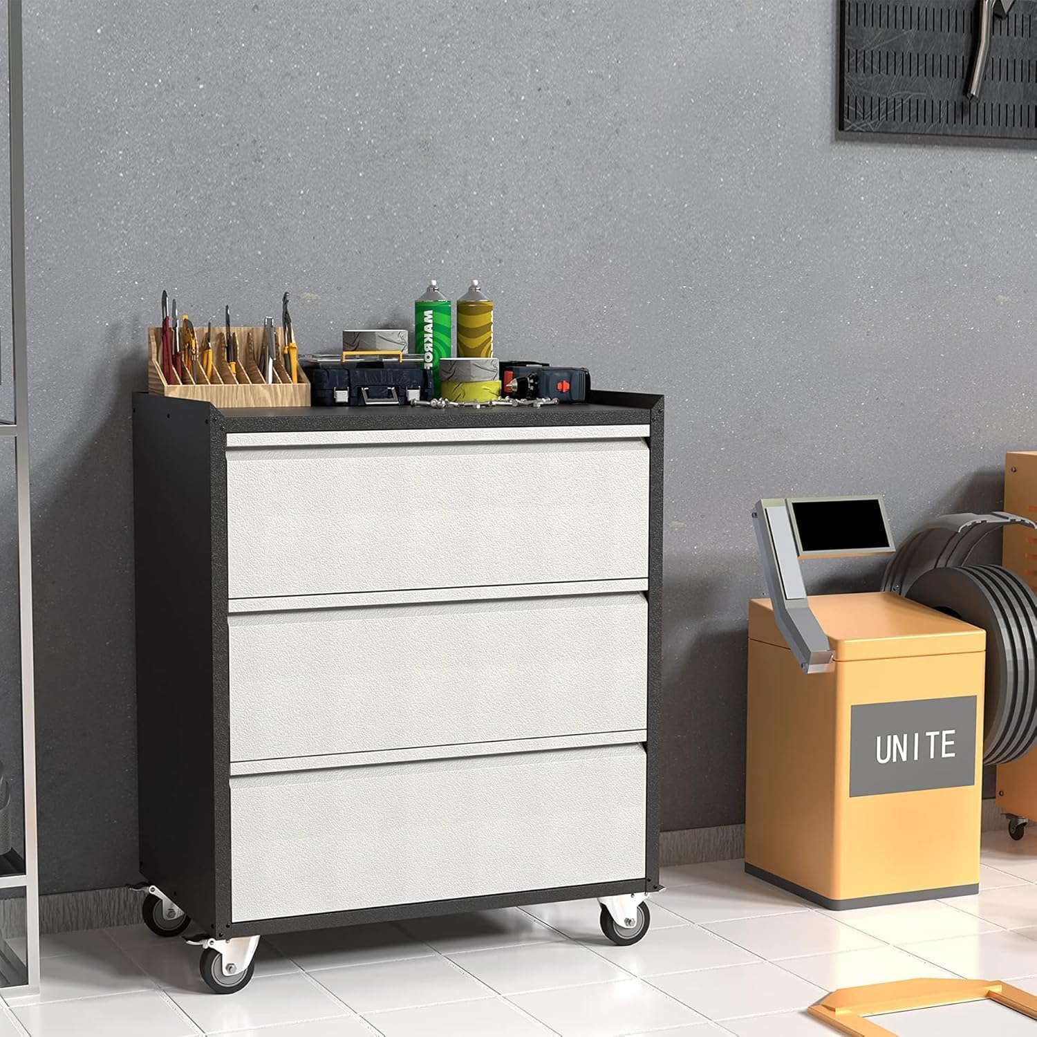 Garvee Metal Storage Cabinet with 3 Drawers, Heavy Duty Rolling Tool Cart, Locking Wheels, Ball Bearing Slides, Steel, Mobile Work Surface, Garage & Workshop