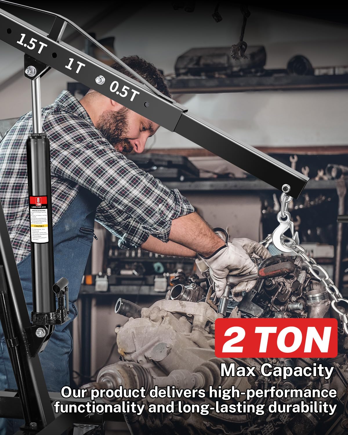 Garvee 2-Ton Folding Engine Hoist Hydraulic Crane with 6 Swivel Wheels & Adjustable Boom Reinforced Steel Rust-Proof Coating Garage Workshop Farm, Black