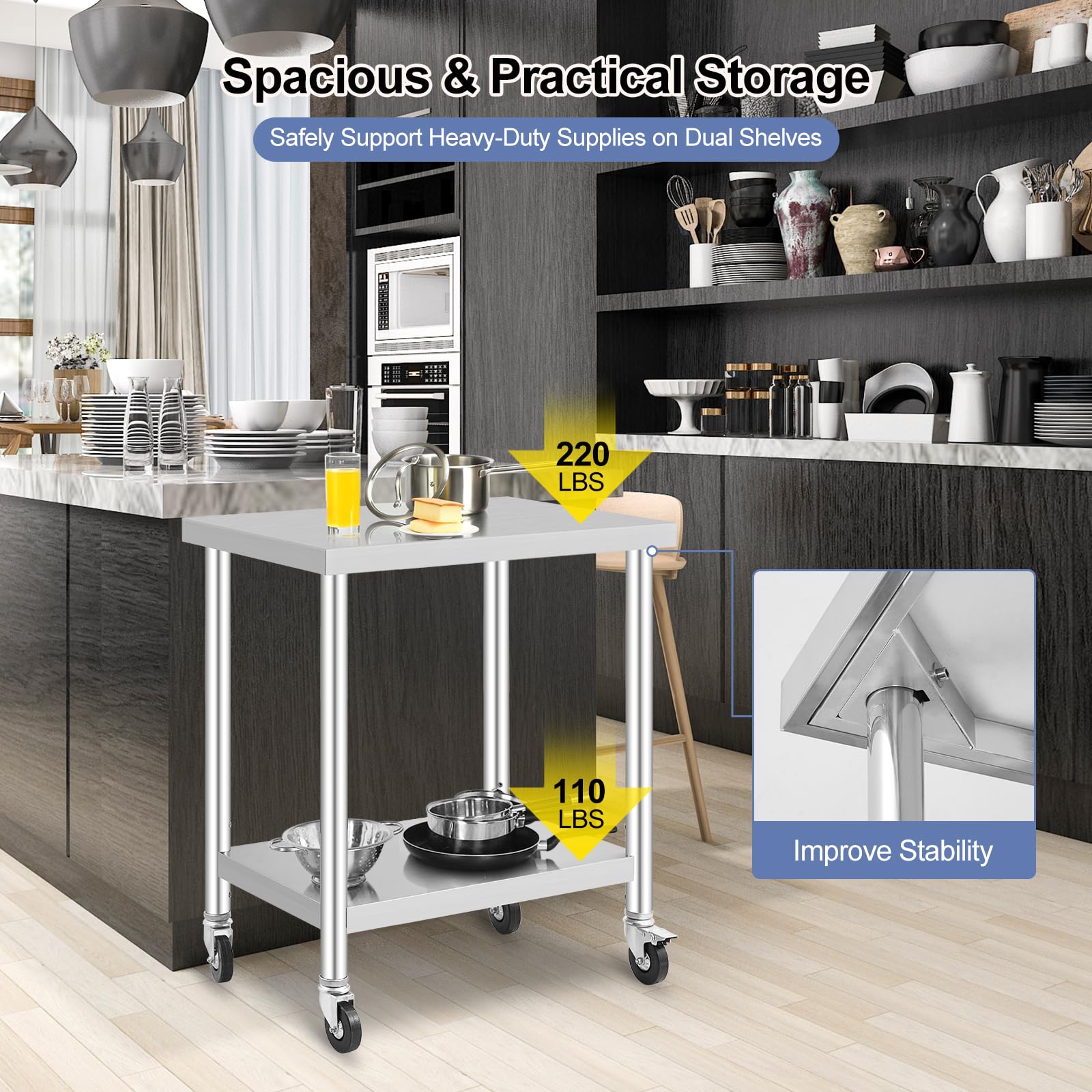 GARVEE 30"L x 18"W x 37"H Stainless Steel Work Table with Caster Wheels - Heavy-Duty Food Prep Table with Adjustable Undershelf for Kitchen, Laundry, and Hotel Use