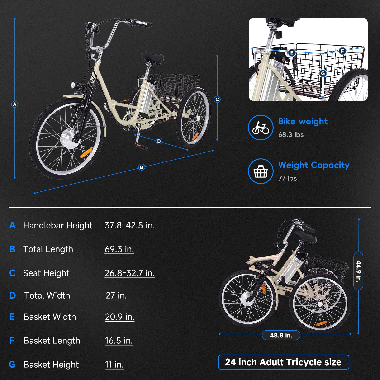 Garvee 24 Inch Adult Electric Tricycle Folding 7-Speed Electric Tricycle with Basket, 36V Detachable Battery, 250W Brushless Motor Suitable for Men and Women, Beige