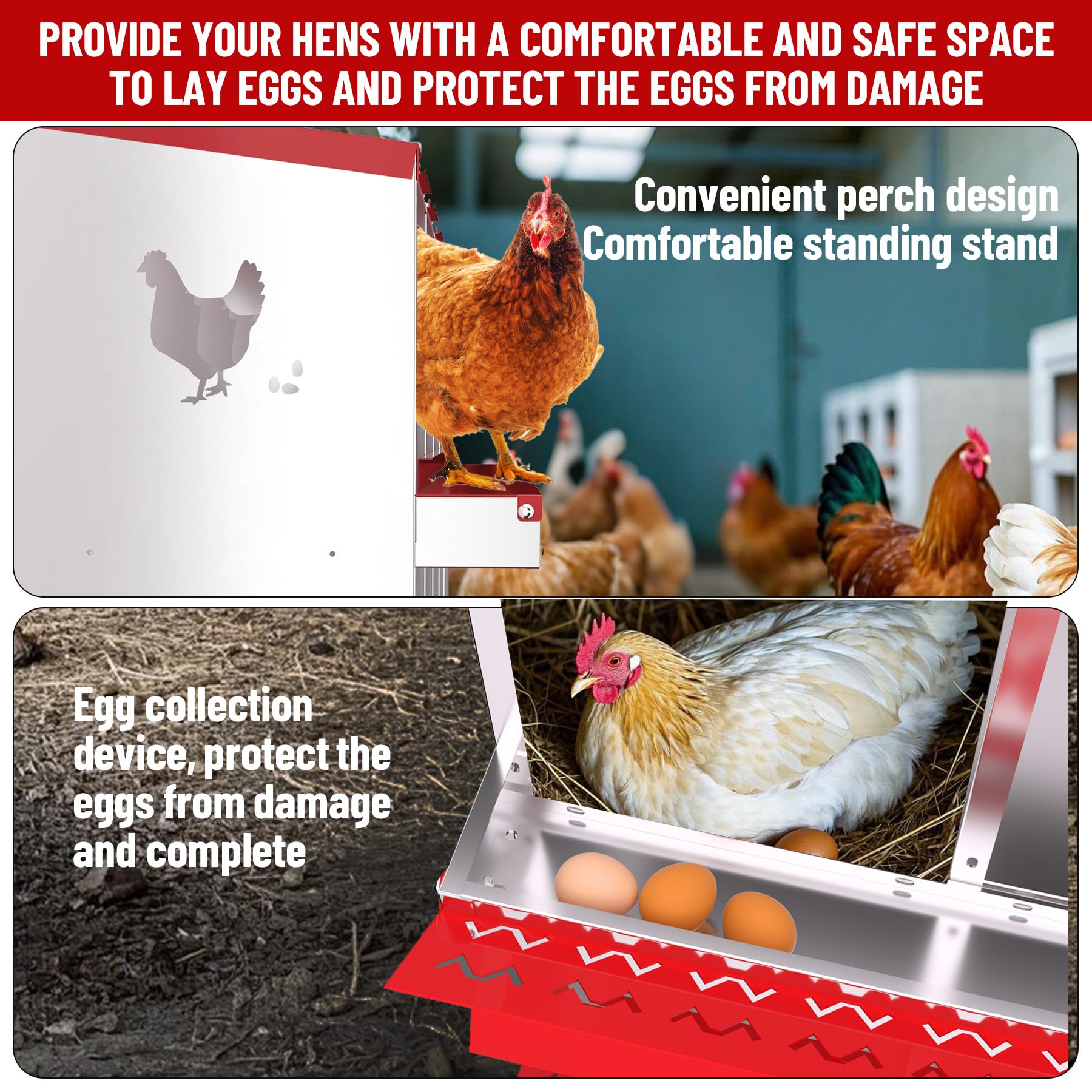 Garvee 6 Compartments Metal Chicken Nesting Boxes, Nesting Boxes, Chicken Laying Box with Roll Out Egg Collection with Vented Holes