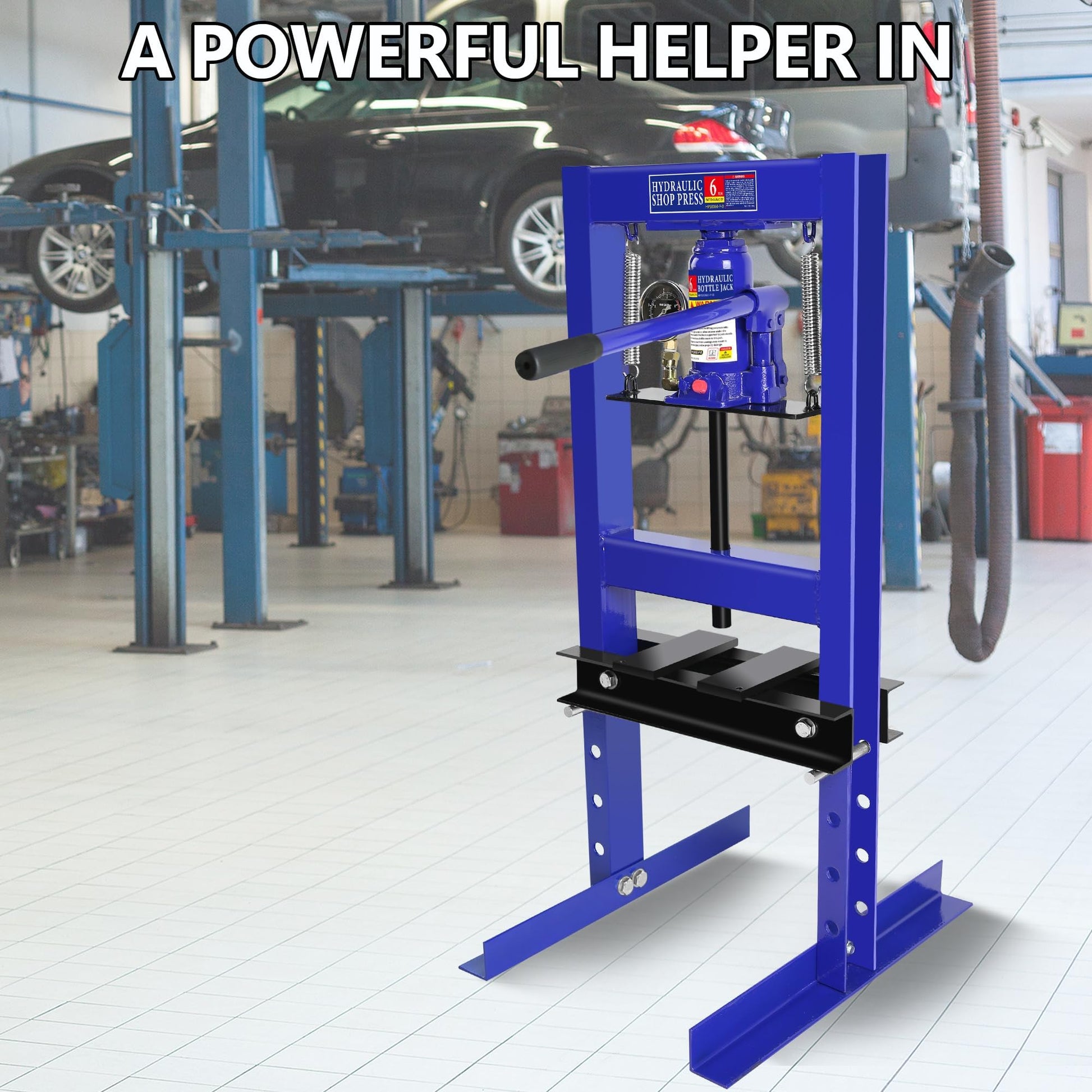 Garvee 6-Ton Shop Press with Pressure Gauge, Adjustable H-Frame Hydraulic Floor Press with Stamping Plates for Bending, Straightening, Pressing Parts, and Installing Bearings & U-Joints, Blue