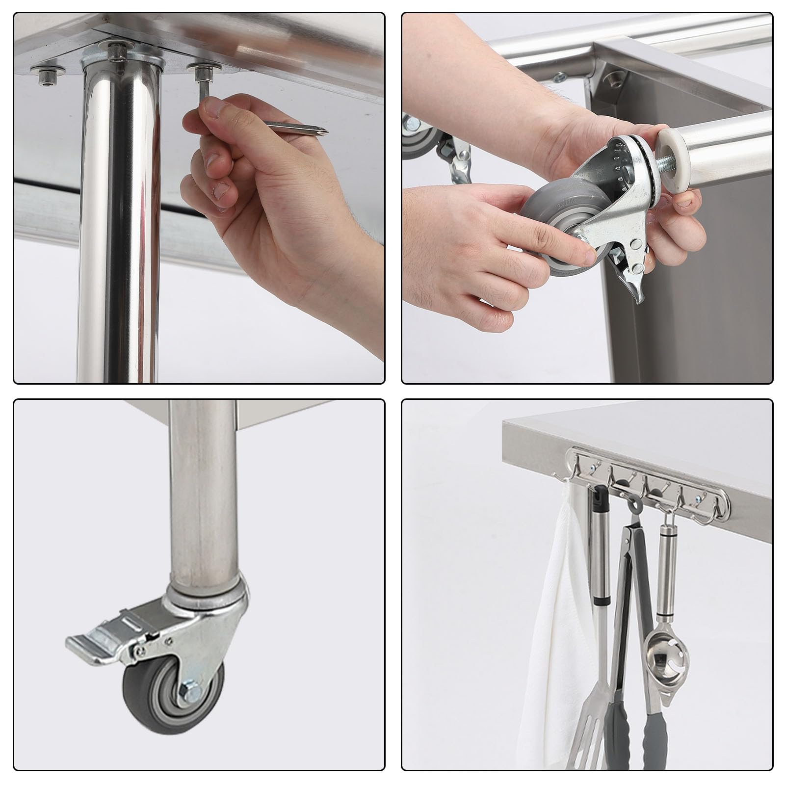 GARVEE 48"L x 24"W x 35"H Stainless Steel Work Table - Heavy-Duty Prep Table with Undershelf, Wheels, and Hooks for Kitchen and Restaurant Use