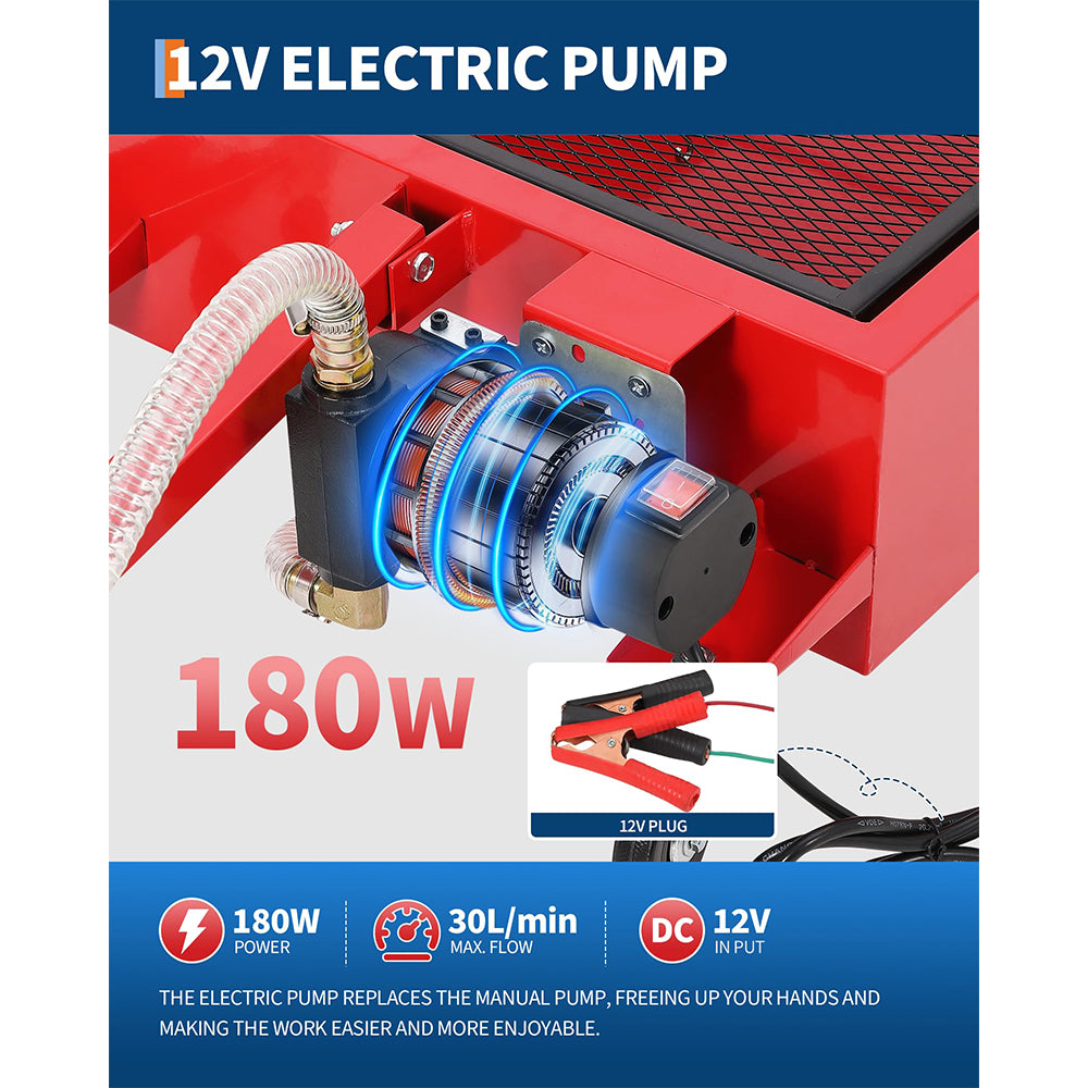 Garvee Low Profile Oil Drain Pan 25-Gallon with 180W 12V Electric Pump, Carbon Steel, Folding Handle & 8FT Hose for Cars, SUVs, Trucks