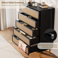 Garvee 5 Drawer Dresser for Bedroom, Rattan Chest of Drawers with Deep Drawers, Large Modern Double Dresser for Closet with Wide Top, Horizontal Wooden Dresser for Living Room, Hallway, Kids Room, Black