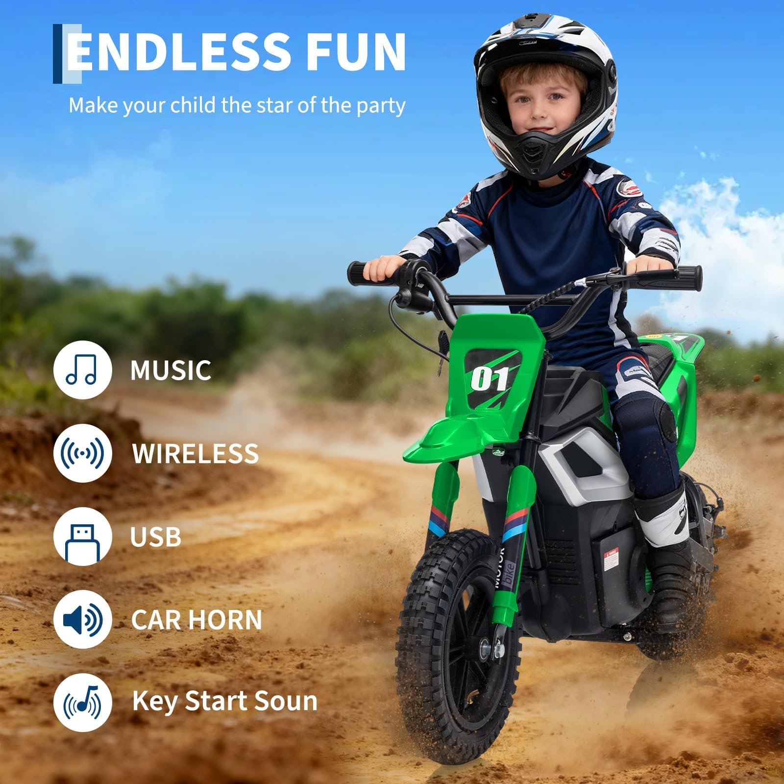 Garvee 24V Kids Electric Dirt Bike 350W Motor 10MPH Speed Rear Suspension Leather Seat Black Blue Green Red Rose White Outdoor Riding