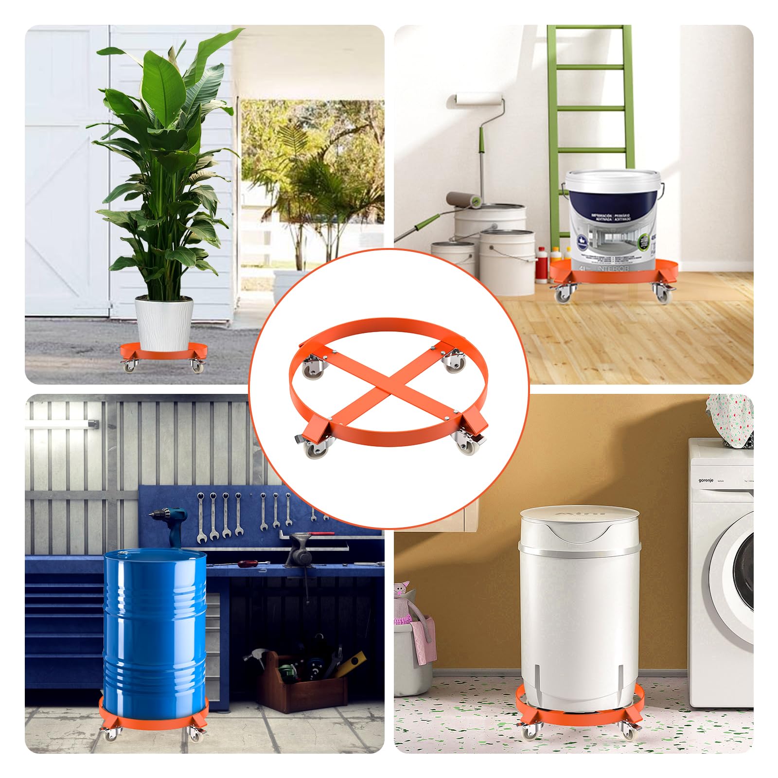 Garvee Two-Piece 55 Gallon Drum Dolly, Heavy Duty Barrel Dolly with 4 Caster Wheels, 1000 LBS Capacity Trash Can Dolly Non-tipping Hand, Orange Steel Frame Dolly