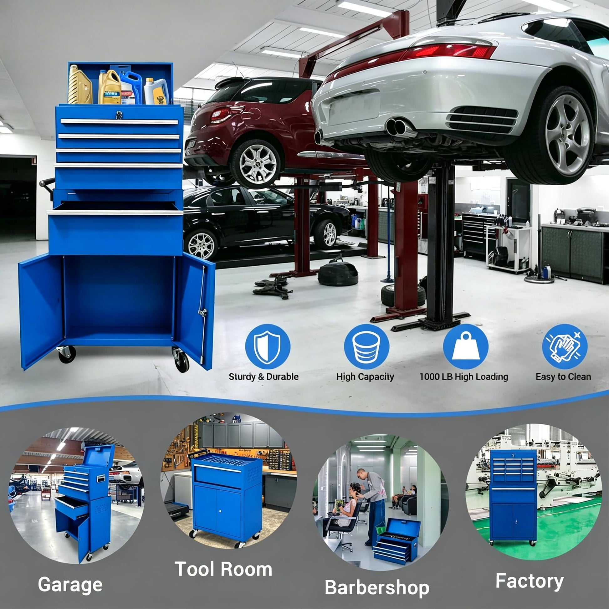 Garvee 20 Inch Heavy-Duty Tool Chest with 5 Drawers, Rolling Tool Box Cabinet on Wheels, 2-in-1 Detachable Tool Storage Organizer for Garage, Workshop, and Home Improvement, Locking Steel Tool Cart with Top Tool Box, Blue