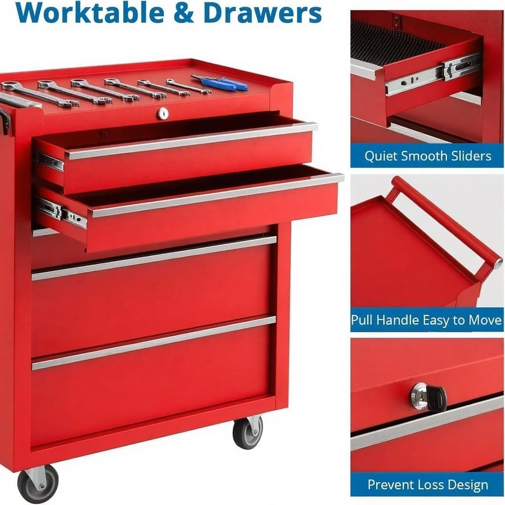 Garvee 5-Drawer Rolling Tool Chest with Keyed Locking System and Drawer Liners for Garage Warehouse Repair Shop, Durable Cold-Rolled Steel, Corrosion-Resistant Finish, Red