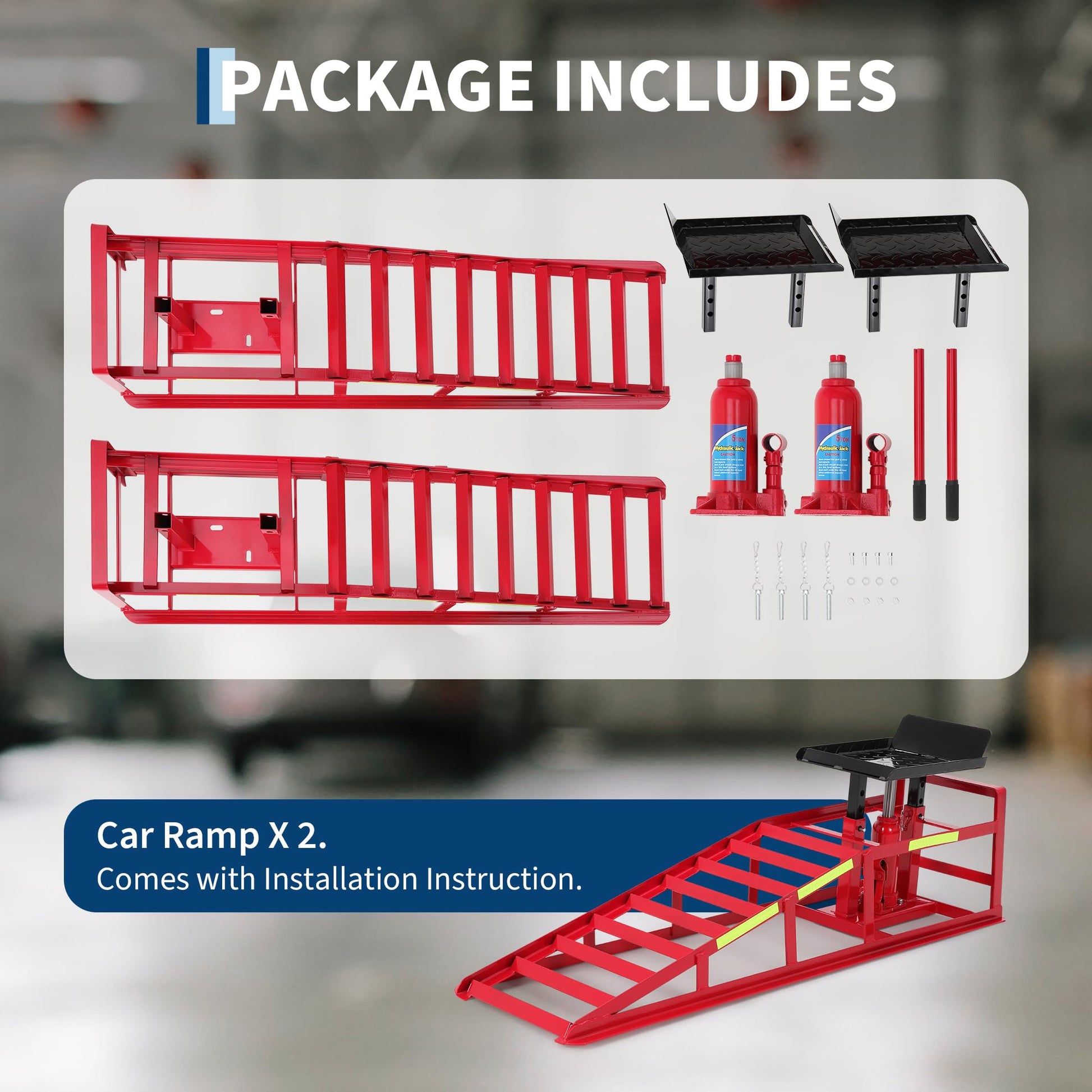 Garvee 5-Ton Hydraulic Car Ramps - Heavy-Duty Vehicle Lift with Reflective Strips for Night Use, Adjustable Height from 9.8" to 15", Portable Auto Service Ramps for Oil Changes and Truck Maintenance in Garage