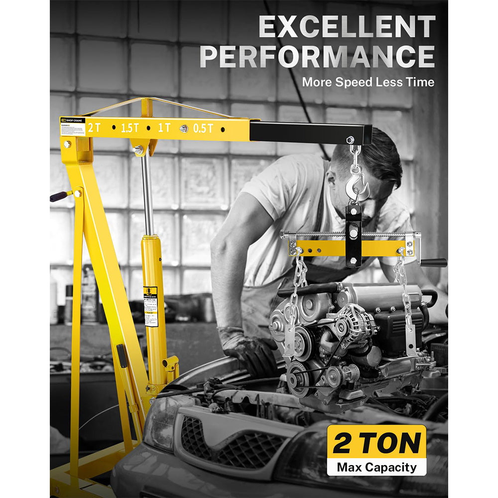 Garvee 2-Ton Hydraulic Engine Hoist Crane, 4400 lbs Folding Heavy-Duty Cherry Picker with Lever, 6 Locking Wheels, and 4 Boom Positions for Truck/SUV Engines, Garage, Workshop, and Industrial Lifting, Yellow
