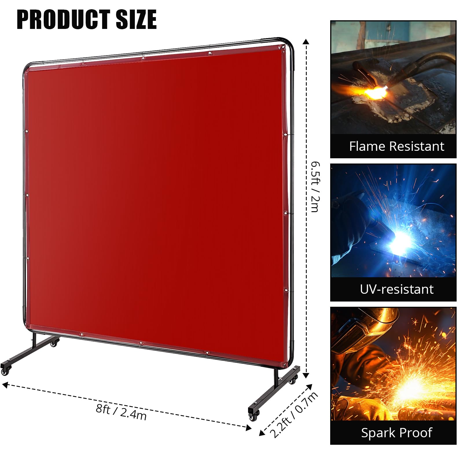Garvee 8 X 6 FT Vinyl Welding Screen with Frame, Flame-Resistant PVC Welding Curtain with Lockable Swivel Wheels, Transparent Welding Screen Panel for Welding Safety, Red