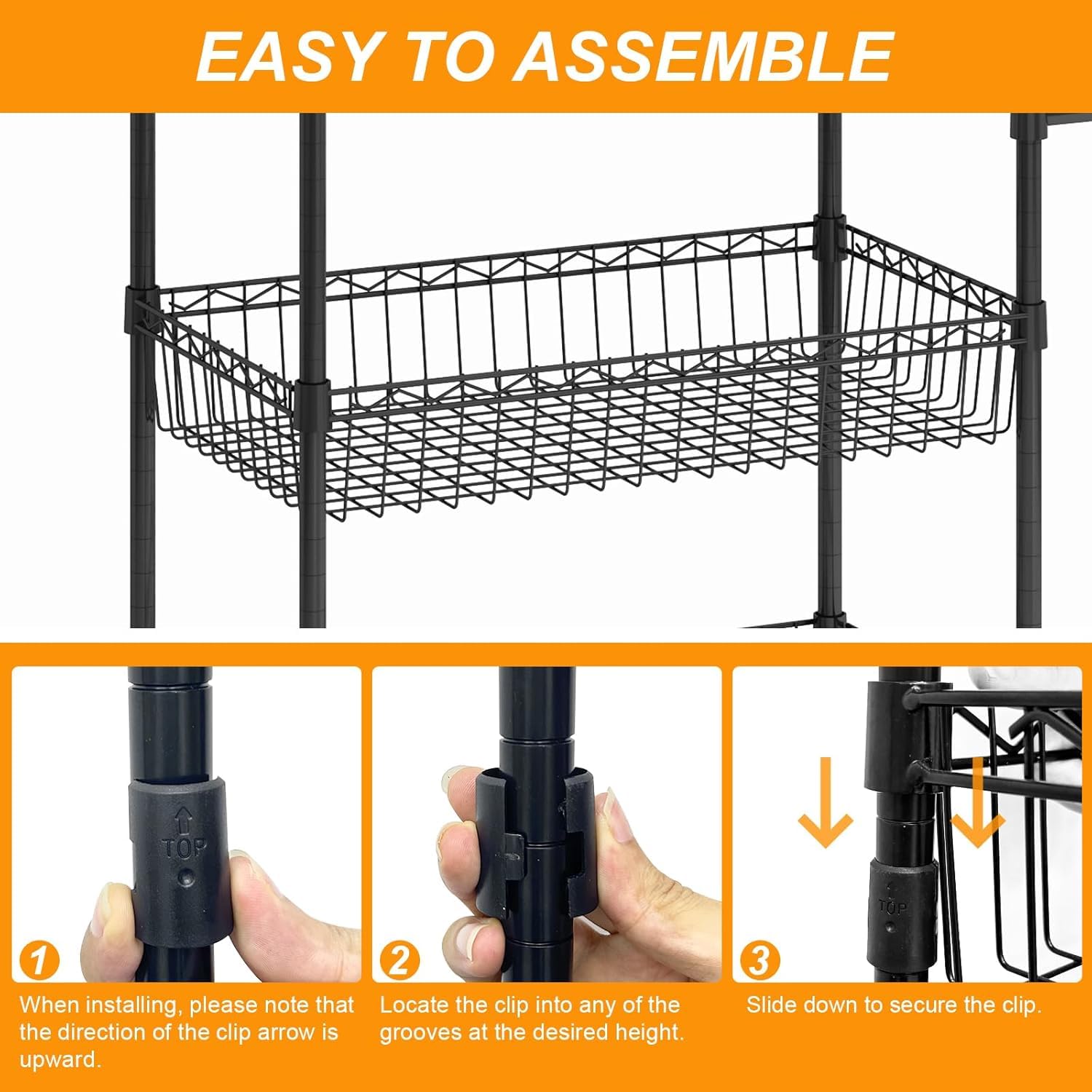 Garvee 3 Tier Rolling Cart, Metal Kitchen Cart On Wheels with Baskets, Wire Shelving Rolling Snack Storage Cart Utility Trolley with Handles for Kitchen Bathroom Office Laundry, Black