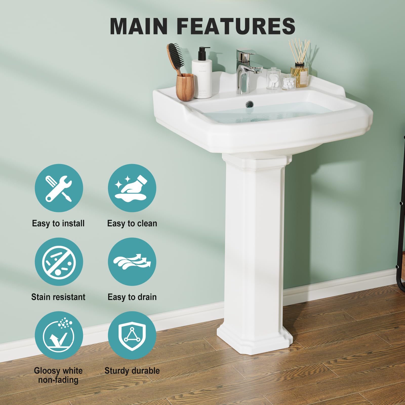 Garvee Vintage Bathroom Pedestal Sink, 19"L x 23" W Retro White Bathroom Sink With Overflow Hole, Freestanding Ceramic Sink With Single Hole