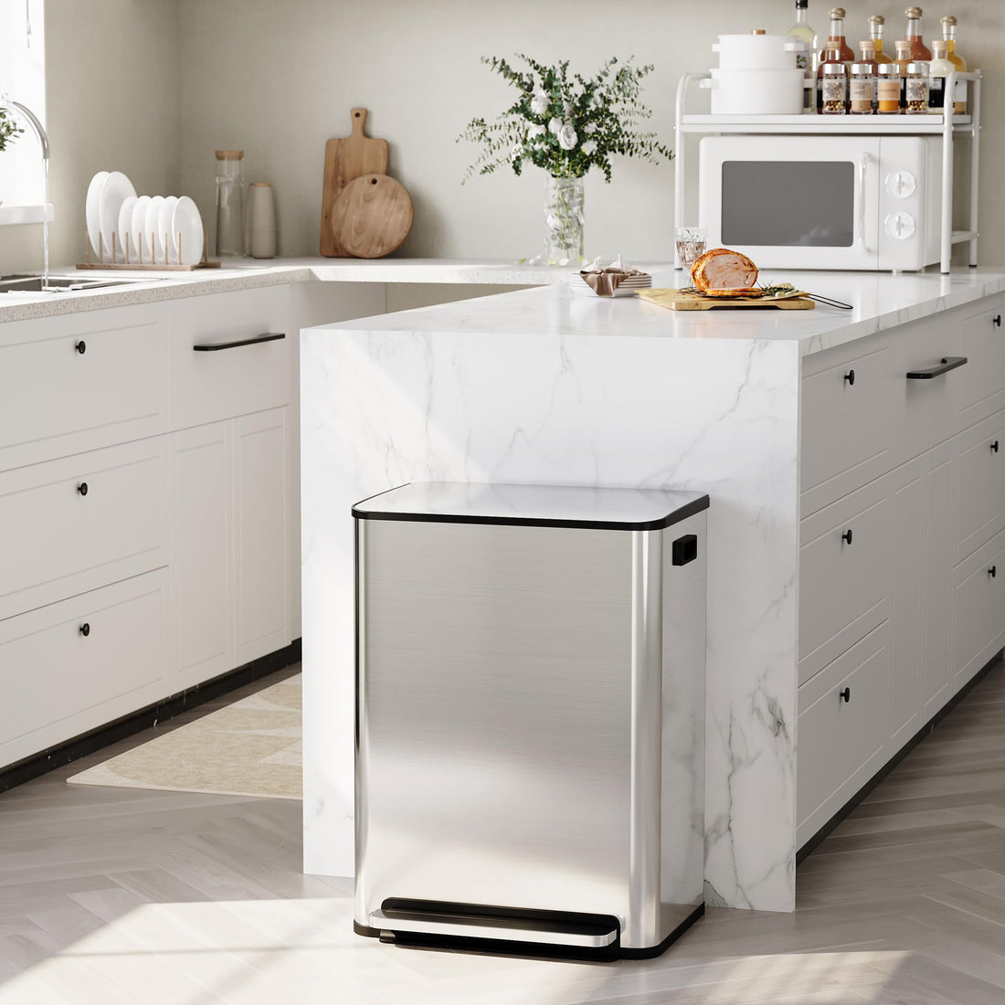 Garvee 16 Gallon Stainless Steel Dual Trash Can with Removable Baskets for Kitchen and Living Room, Silver