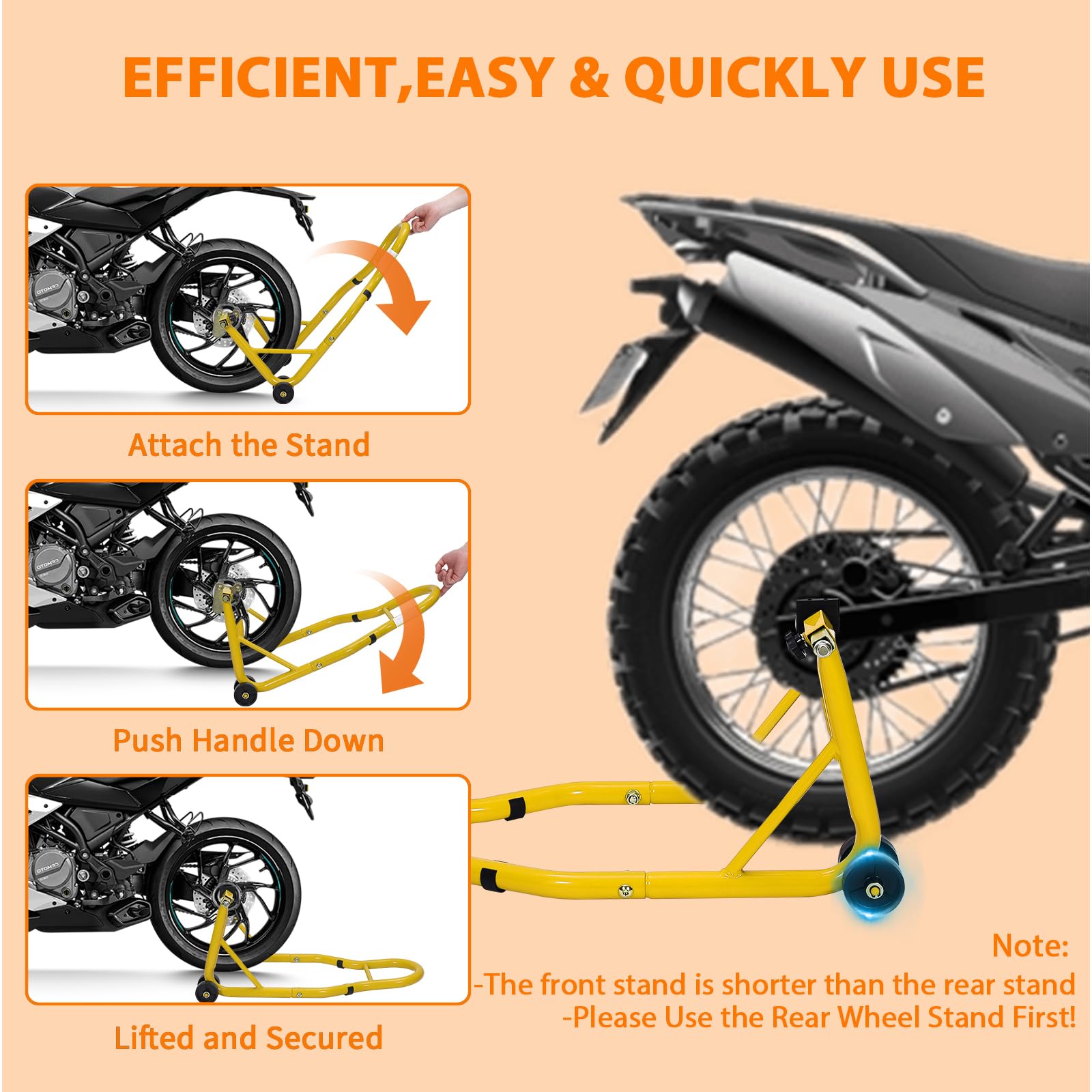 Garvee Heavy Duty Motorcycle Stand Lift - 900 lbs Capacity, Adjustable Universal Fit, Steel Frame, Front & Rear Combo, Yellow, for Repairs & Storage