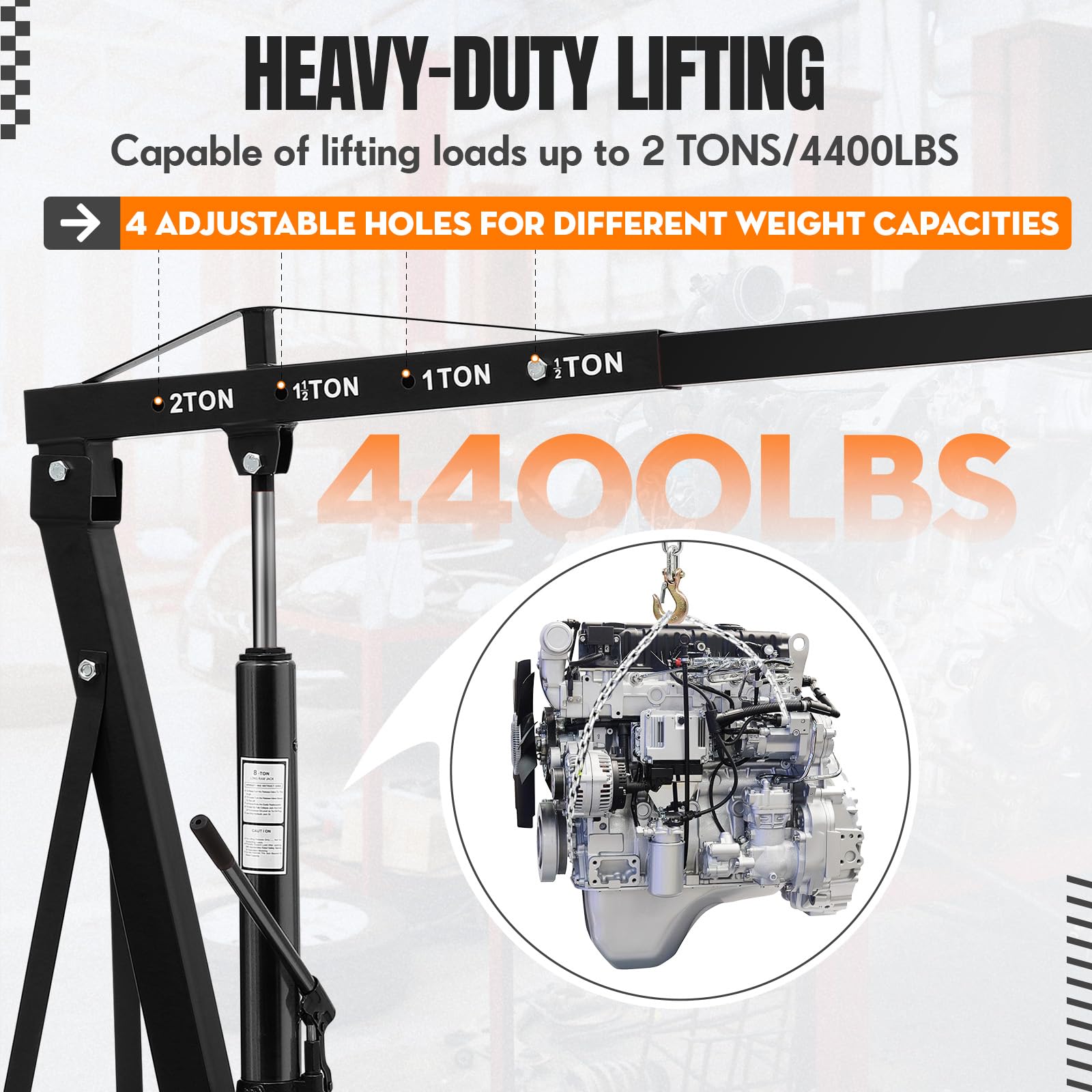 Garvee 4400 lbs Engine Hoist, 2-Ton Heavy-Duty Folding Cherry Picker Hydraulic Shop Crane with 6 Casters for Garage, Workshop, and Warehouse, Black